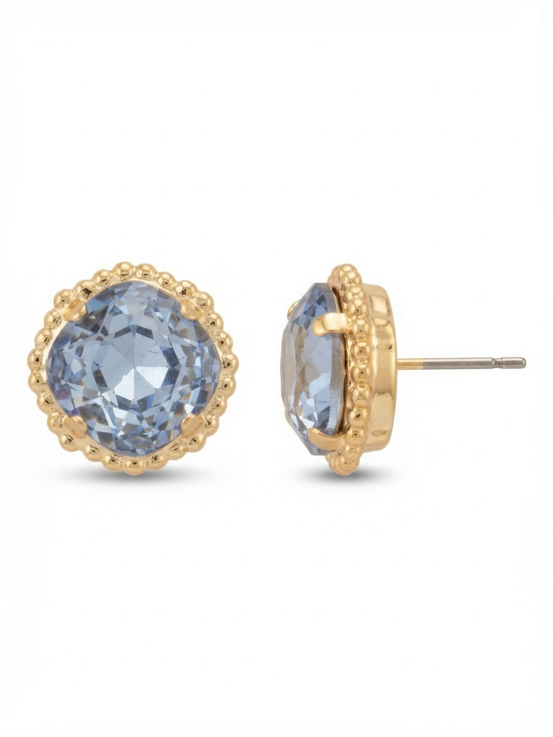 Cushion-Cut Solitaire Stud Earrings - EBX10BGLTS - <p>A substantial pale blue crystal anchors this solitaire, cut in a soft cushion shape that gathers the light. At over half an inch across, the stud carries enough presence to read clearly at conversation distance. A textured ball chain border frames the stone, adding structural depth to the bright gold-tone setting. To ensure a piece of this scale stays perfectly balanced, an oversized comfort clutch supports the post, holding the weight secure and upright from morning until evening.</p><ul>
<li>Deep cushion-cut crystal with faceted clarity</li>
<li>Textured ball chain border framing the solitaire</li>
<li>Post with oversized comfort-clutch back</li>
<li>Protective e-coat finish for lasting wear</li>
<li>Includes signature organza pouch for gifting and travel</li>
</ul>