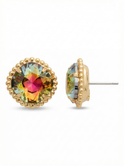 Cushion-Cut Solitaire Stud Earrings - EBX10BGVO - <p>A single cushion-cut crystal anchors this substantial stud, framed by a delicate border of gold-tone ball chain. The shifting center of deep pinks, warm ambers, and vivid greens catches the light from across the room. Measuring over half an inch across, the scale offers clear presence without feeling heavy. An oversized comfort clutch back ensures the post remains perfectly positioned and secure from morning to evening.</p><ul>
<li>Oversized cushion-cut crystal framed by a textural ball chain border</li>
<li>Shifting inner colors of deep pink, warm amber, and vivid green</li>
<li>Post with oversized comfort-clutch back</li>
<li>Protective e-coat finish for lasting wear</li>
<li>Includes signature organza pouch for gifting and travel</li>
</ul>