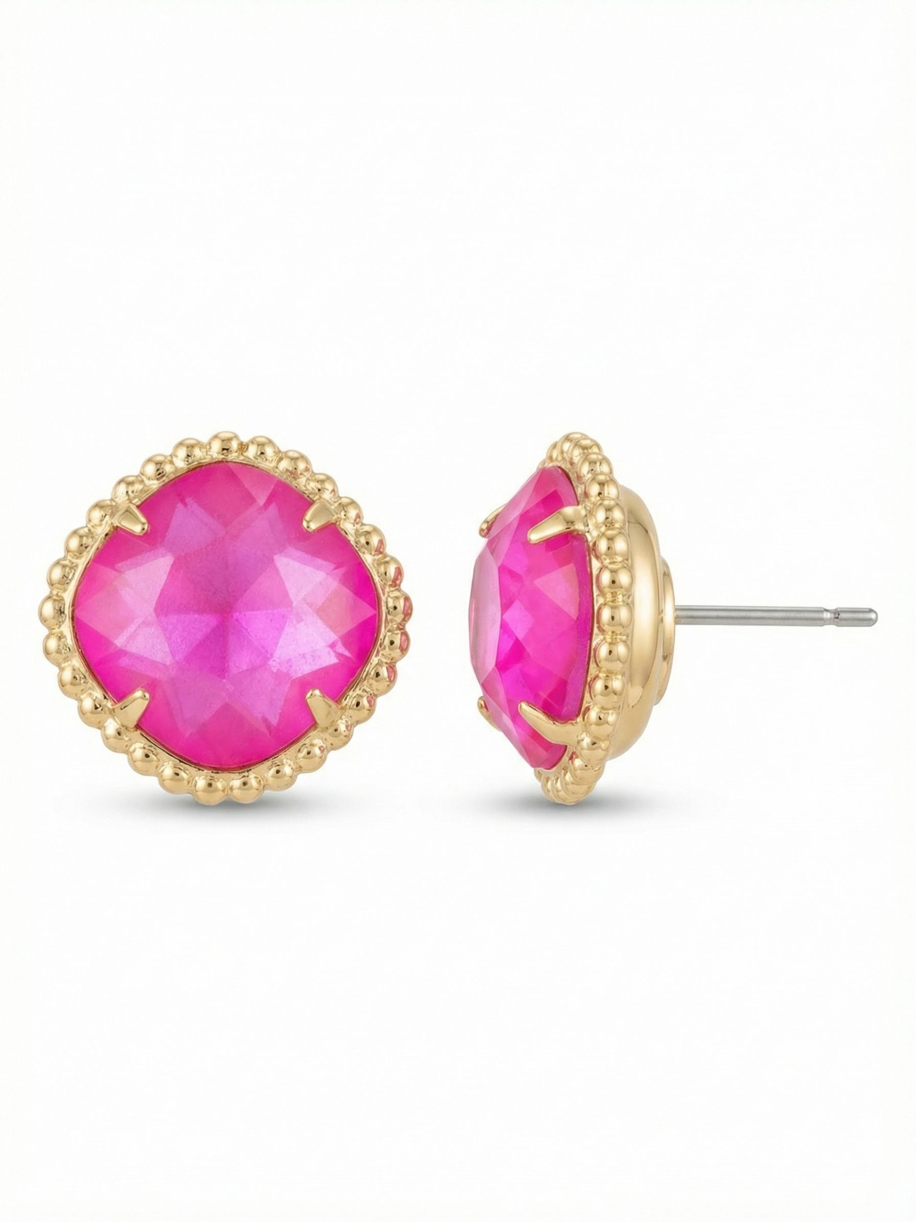 Cushion-Cut Solitaire Stud Earrings - EBX10BGWDW - <p>A single cushion-cut crystal anchors this design, framed by a delicate beaded texture that adds subtle dimension. At just over half an inch, the electric pink stone holds its color beautifully from across a room, bringing an intentional pop of brightness to your daily rotation. Because a stud of this scale needs proper support, the included oversized comfort clutch ensures the piece stays securely anchored from morning to evening.</p><ul>
<li>Substantial cushion-cut center stone surrounded by a delicate beaded texture</li>
<li>Scaled for high visibility to read clearly at conversation distance</li>
<li>Post with oversized comfort-clutch back</li>
<li>Protective e-coat finish for lasting wear</li>
<li>Includes signature organza pouch for gifting and travel</li>
</ul>