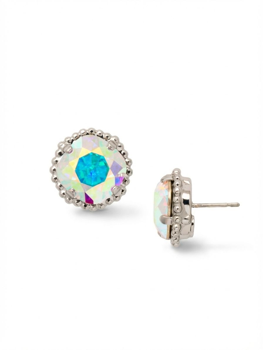 Cushion-Cut Solitaire Stud Earrings - EBX10PDCAB - <p>At over half an inch wide, this single cushion-cut crystal brings a grounded presence to your daily routine. The faceted Aurora Borealis center catches ambient light, shifting in color with every turn of the head. A fine border of metallic ball chain frames the stone, adding a quiet textural contrast. Secured with an oversized comfort clutch, the stud stays perfectly positioned and comfortably balanced through your entire day.</p><ul>
<li>Singular cushion-cut crystal framed by a textural ball chain border</li>
<li>Substantial scale that reads clearly at conversation distance</li>
<li>Post with oversized comfort-clutch back</li>
<li>Protective e-coat finish for lasting wear</li>
<li>Includes signature organza pouch for gifting and travel</li>
</ul>