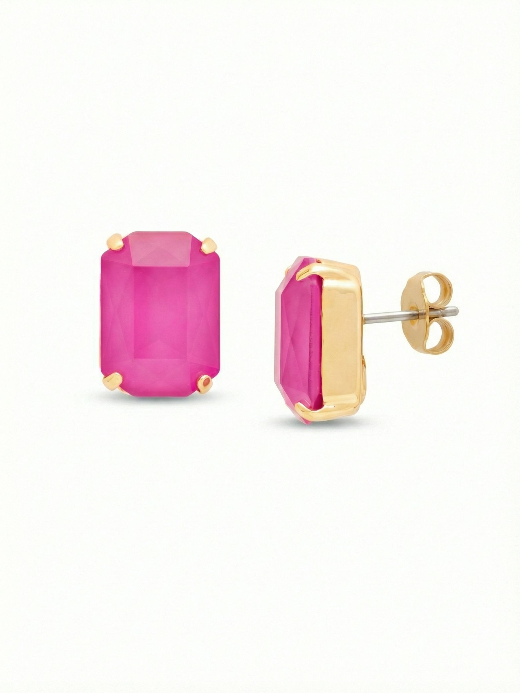 Brynn Stud Earrings - EBY44BGPPL - <p>These substantial emerald-cut studs bring a saturated wash of vibrant pink to your daily rotation. The opaque lacquered finish gives the classic rectangular shape a modern architectural feel that reads clearly from across a table. Because a larger earring requires proper support, we secure these with oversized comfort clutches. They keep the bold stones sitting flush and balanced on the ear from morning coffee through evening plans.</p><ul>
<li>Substantial emerald-cut profile with crisp geometric facets</li>
<li>Opaque lacquered finish creates a solid block of vibrant color</li>
<li>Post with oversized comfort-clutch back</li>
<li>Protective e-coat finish for lasting wear</li>
<li>Includes signature organza pouch for gifting and travel</li>
</ul>