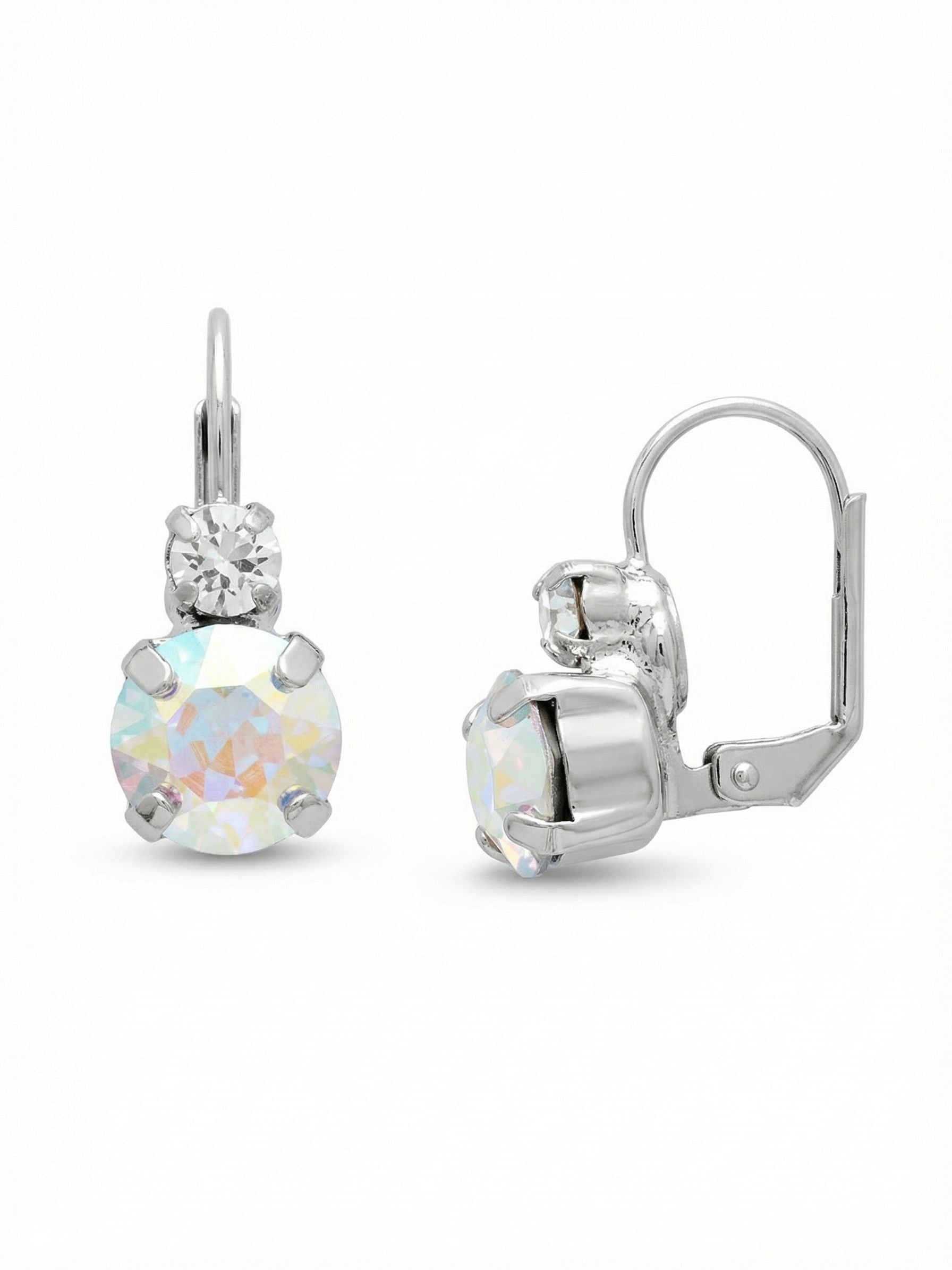 Round Crystal Dangle Earrings - ECW36PDRQ - <p>A compact drop that catches light with every turn of the head. A bright clear crystal anchors a larger iridescent stone that flashes with soft pastels in the sun. The short length makes them an easy choice for everyday wear, offering constant movement without the feeling of heavy weight. The secure closure ensures they stay comfortably in place from your morning routine through an evening out, catching just enough light to quietly brighten your face.</p><ul>
<li>Stacked round crystals pair a crisp clear top with a color-shifting base</li>
<li>Compact drop silhouette provides subtle daily movement</li>
<li>French wire for a smooth, secure fit</li>
<li>Protective e-coat finish for lasting wear</li>
<li>Includes signature organza pouch for gifting and travel</li>
</ul>