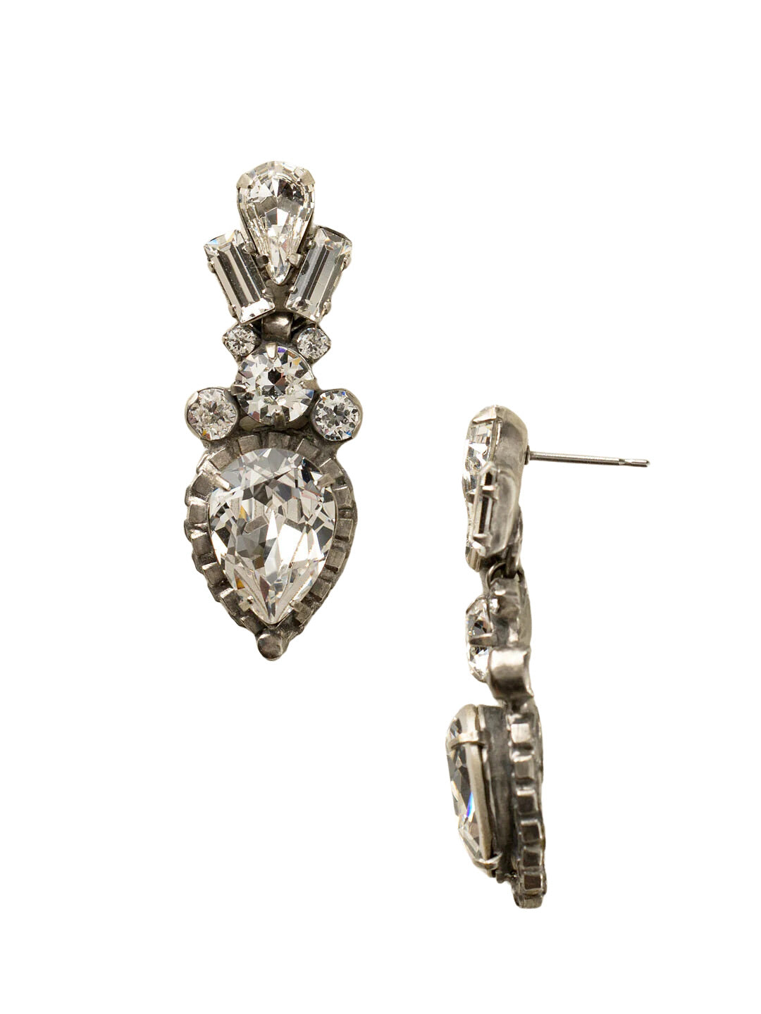Curb Chain Accented Pear Crystal Dangle Earrings - ECW37ASCRY - <p>A large central pear crystal outlined with curb chain dangles from a cluster of round crystals. Topped with a ray created by two baguette stones on either side of a smaller pear shaped crystal, these exotic baubles will stun and amaze! From Sorrelli's Crystal collection in our Antique Silver-tone finish.</p>