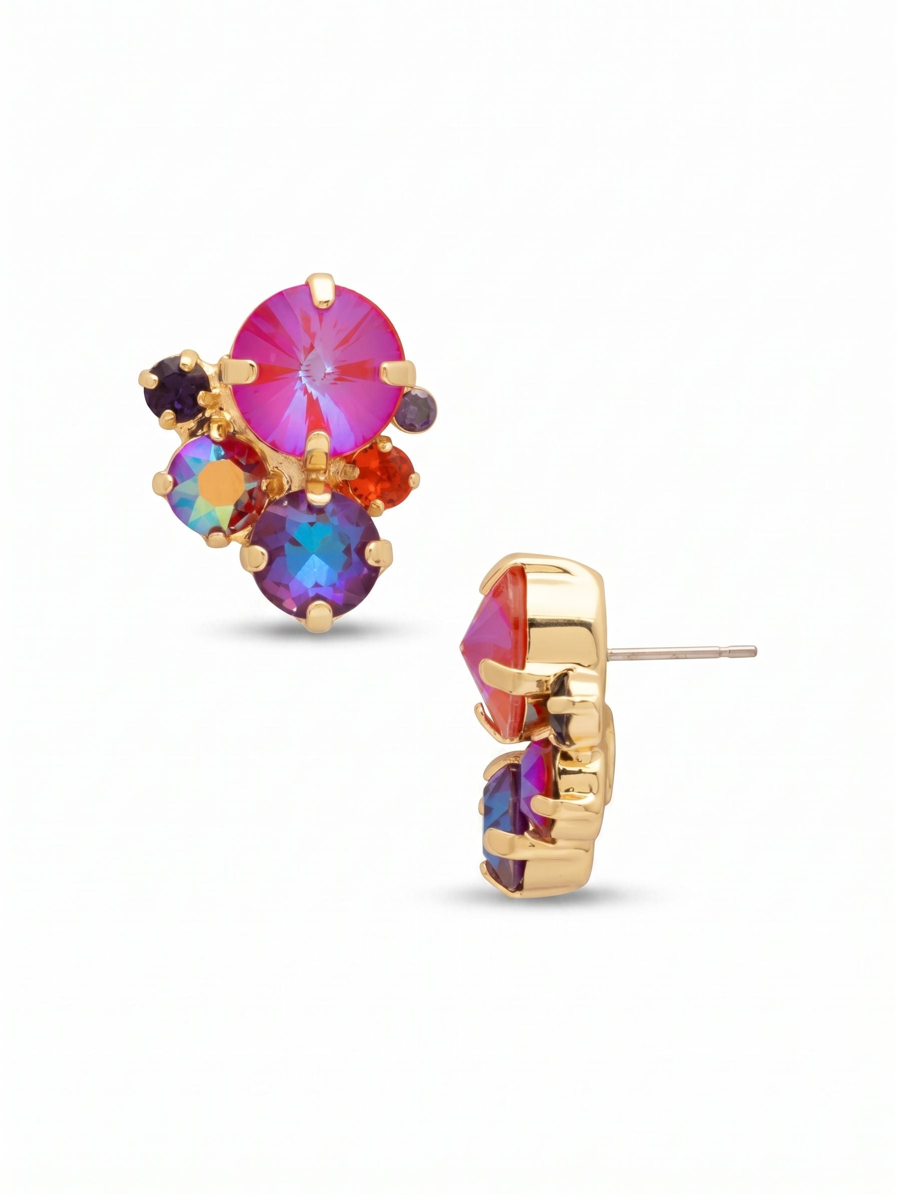 Crystal Assorted Rounds Stud Earrings - EDB11BGREV - <p>A rich cluster of jewel-toned crystals comes together in this substantial stud earring. Deep purples blend with bright crimsons and iridescent burgundies, creating a warm palette that shifts gently in the light. The asymmetrical arrangement of varied stone sizes gives the design a natural, organic feel while keeping a compact profile. Because the cluster carries a satisfying weight, an oversized comfort clutch back holds the post securely to ensure the earring rests balanced and comfortable all day.</p><ul>
<li>Asymmetrical cluster of varied round crystals</li>
<li>Deep purples and warm crimsons create a shifting palette</li>
<li>Post with oversized comfort-clutch back</li>
<li>Protective e-coat finish for lasting wear</li>
<li>Includes signature organza pouch for gifting and travel</li>
</ul>