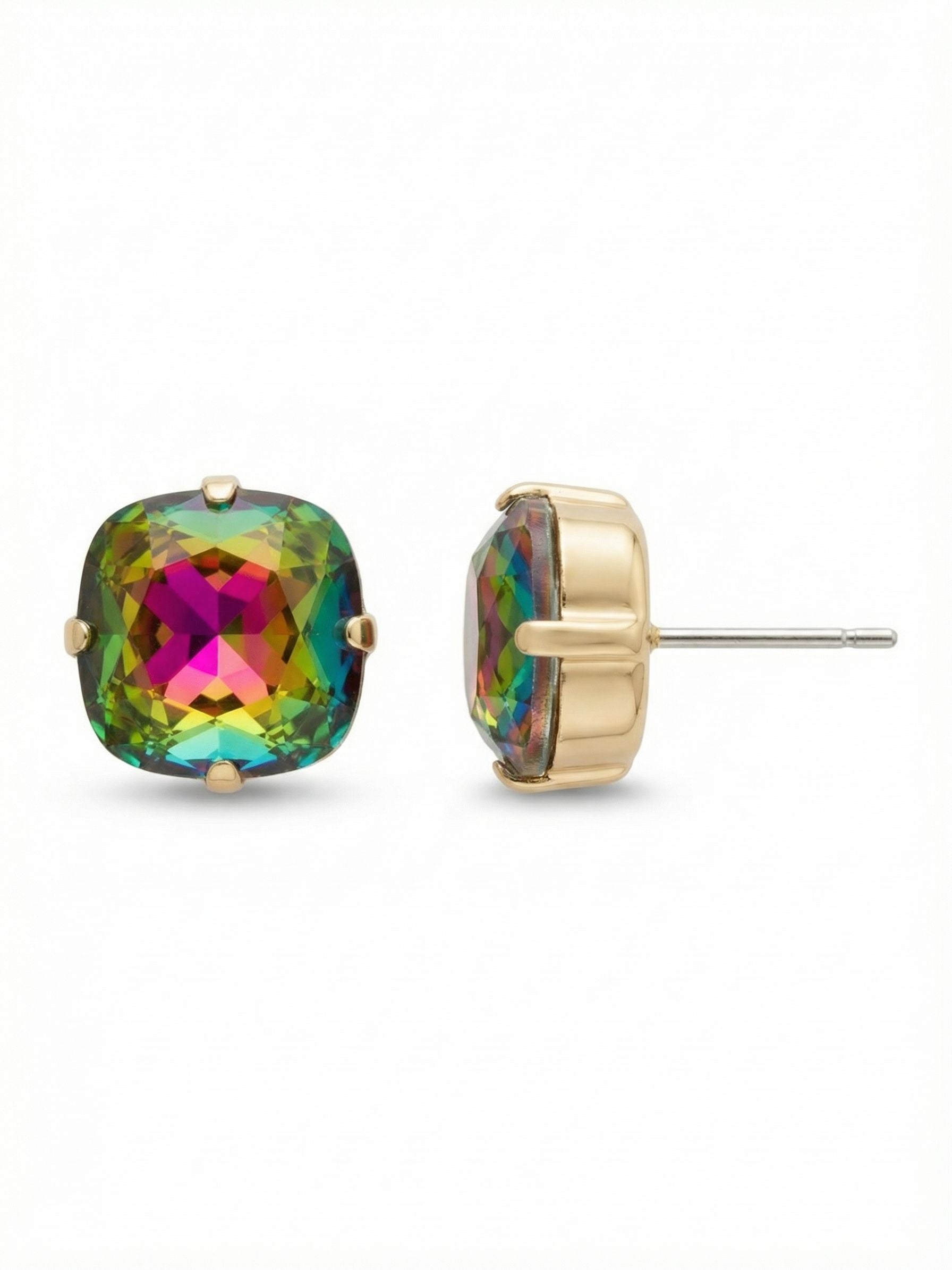 Halcyon Stud Earrings - EDH25BGVO - <p>A single cushion-cut crystal anchors this stud earring, shifting vividly between rich magenta, amber, and deep green as you move. The 10mm scale hits that sweet spot where it commands attention from across a table without feeling heavy. We framed it in a substantial setting to give the vibrant colors a grounded edge. Secured with our oversized comfort clutch, it stays balanced and upright from your morning coffee through dinner.</p><ul>
<li>Oversized cushion-cut crystal shifts color from every angle</li>
<li>Substantial prong setting frames the vibrant iridescent stone</li>
<li>Post with oversized comfort-clutch back</li>
<li>Protective e-coat finish for lasting wear</li>
<li>Includes signature organza pouch for gifting and travel</li>
</ul>
