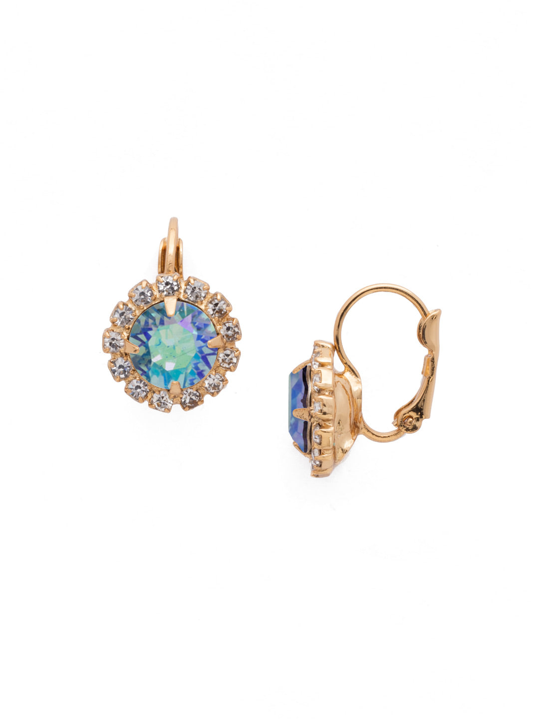 Haute Halo Dangle Earrings - EDL10BGAQA - <p>A central round crystal with an elegant halo of gems embodies elegance and style. From Sorrelli's Aqua Aurora Borealis collection in our Bright Gold-tone finish.</p>