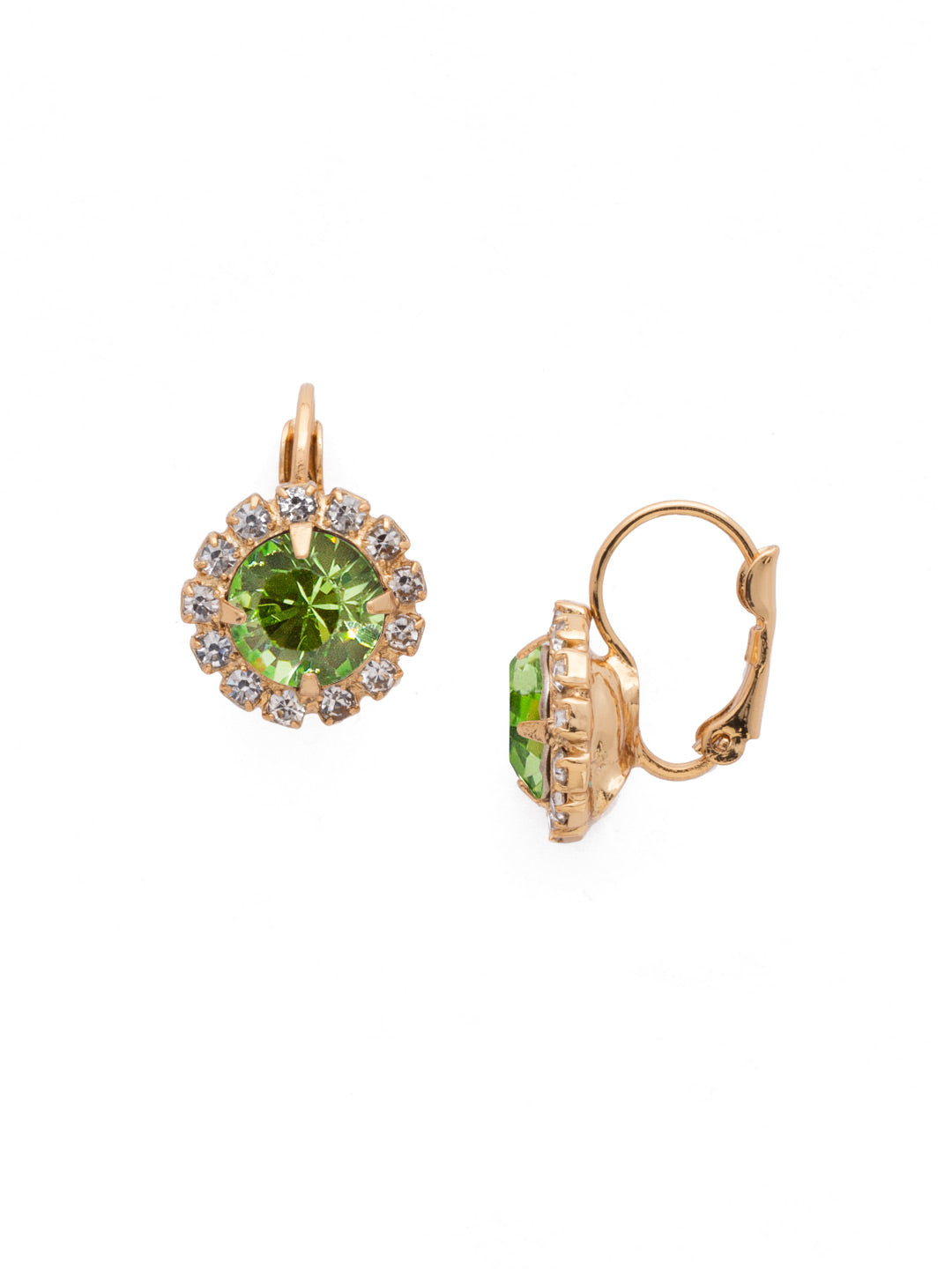Haute Halo Dangle Earrings - EDL10BGPER - <p>A central round crystal with an elegant halo of gems embodies elegance and style. From Sorrelli's Peridot collection in our Bright Gold-tone finish.</p>
