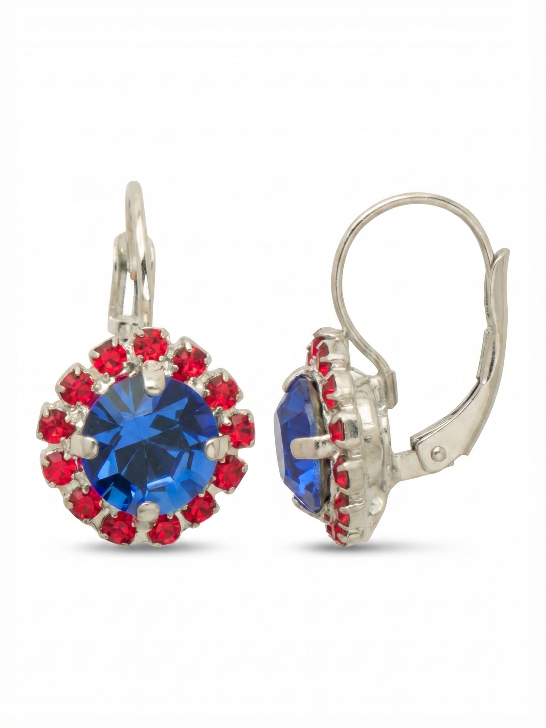 Haute Halo Dangle Earrings - EDL10PDUSA - <p>A deep sapphire crystal sits within a tight frame of vivid red stones, delivering sharp color contrast in a classic round silhouette. Dropping just below the ear, the earring catches light with subtle movement throughout the day. The secure lever back offers a comfortable, reliable fit from morning meetings to evening dinners. It brings a crisp, focused point of color to your everyday wardrobe without feeling heavy.</p><ul>
<li>Vibrant rhinestone chain forms a tight halo around the center stone</li>
<li>Bold color contrast highlights the deep blue round cut sapphire</li>
<li>Hook drop for easy, lightweight wear</li>
<li>Protective e-coat finish for lasting wear</li>
<li>Includes organza pouch for gifting and travel</li>
</ul>