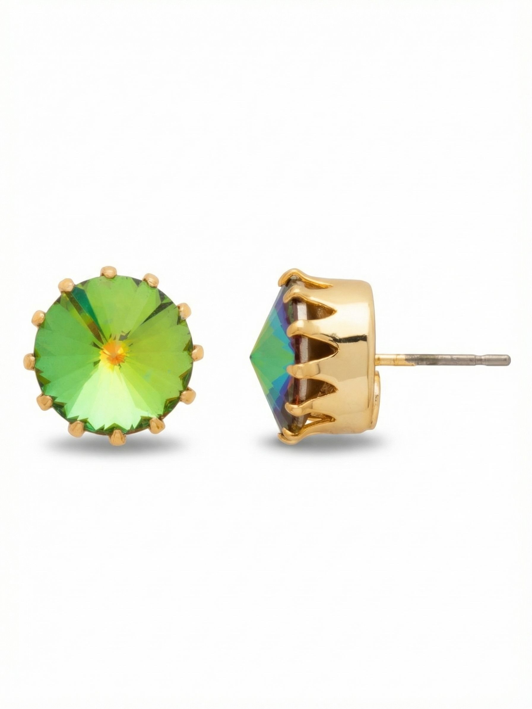 Regal Rivoli Stud Earrings - EEE10BGVO - <p>A single faceted crystal commands attention in this sizable round stud. The pointed cut catches light from every angle, creating a shifting display of vibrant green and yellow tones that brightens the face at conversation distance. Held securely in a bright crown setting, the stone feels substantial but never heavy. An oversized comfort clutch back keeps the earring perfectly positioned and balanced all day, making it an effortless choice when you want color with quiet impact.</p><ul>
<li>Pointed crystal cut creates a multifaceted display of shifting color</li>
<li>Elaborate crown style prong setting adds structural interest</li>
<li>Post with oversized comfort-clutch back</li>
<li>Protective e-coat finish for lasting wear</li>
<li>Includes signature organza pouch for gifting and travel</li>
</ul>