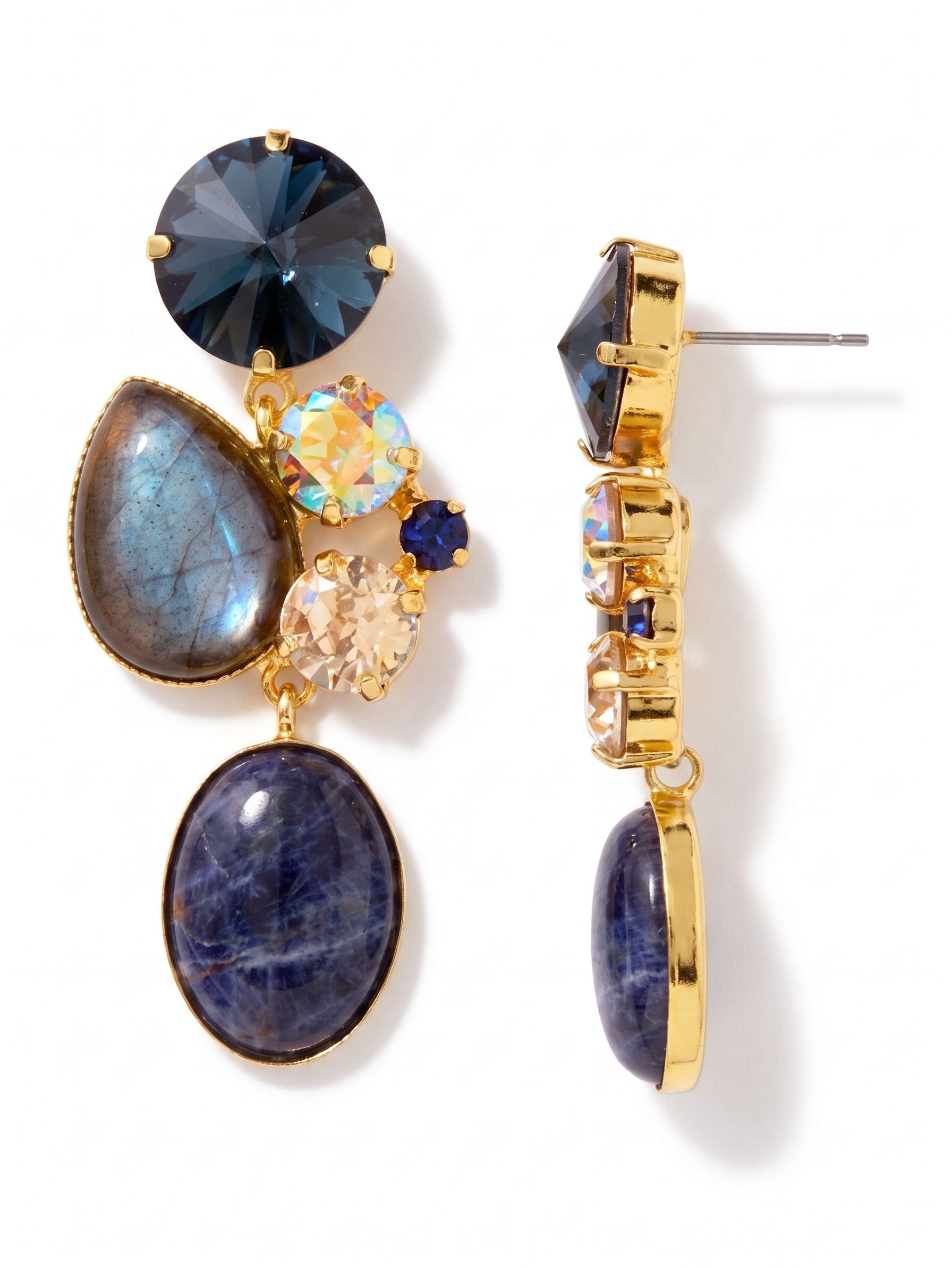 Tatiana Statement Earrings - EEP59BGDNM - <p>Deep Sodalite and flashing Labradorite create a rich textural foundation in these substantial drops. The opaque stones are balanced by faceted cuts of Montana blue and Golden Shadow crystal, catching light with your every motion. At over two inches long, the articulated design creates a gentle, fluid sway beside the neck. To keep the generous scale secure and comfortable from morning to night, we pair the posts with our oversized comfort clutch backs.</p><ul>
<li>Articulated three-tier design encourages fluid movement</li>
<li>Striking contrast between opaque natural stones and faceted crystals</li>
<li>Post with oversized comfort-clutch back</li>
<li>Protective e-coat finish for lasting wear</li>
<li>Includes organza pouch for gifting and travel</li>
</ul>