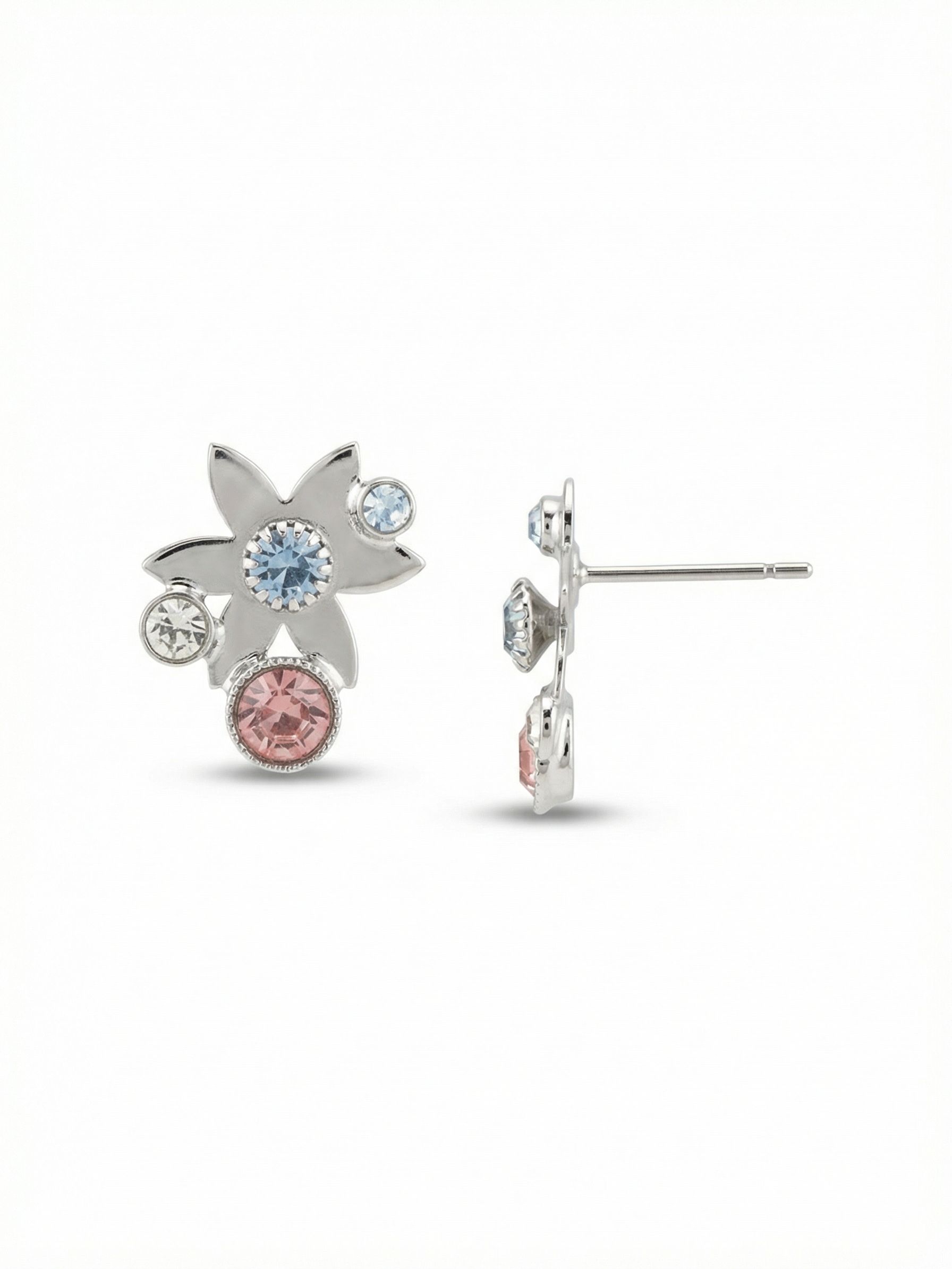 Meadow Stud Earrings - EEV13PDPBZ - <p>A soft floral shape crafted in bright palladium anchors this asymmetrical stud. Pale pink and soft blue opal crystals scatter across the polished metal, catching the light with a gentle ease. At three-quarters of an inch, it offers enough scale to wear alone while staying comfortably light for regular use. An oversized comfort clutch back keeps the varied crystal arrangement perfectly secure and balanced throughout the day.</p><ul>
<li>Polished botanical motif with an asymmetrical profile</li>
<li>Textured mix of opaque opal and faceted round crystals</li>
<li>Post with oversized comfort-clutch back</li>
<li>Protective e-coat finish for lasting wear</li>
<li>Includes signature organza pouch for gifting and travel</li>
</ul>