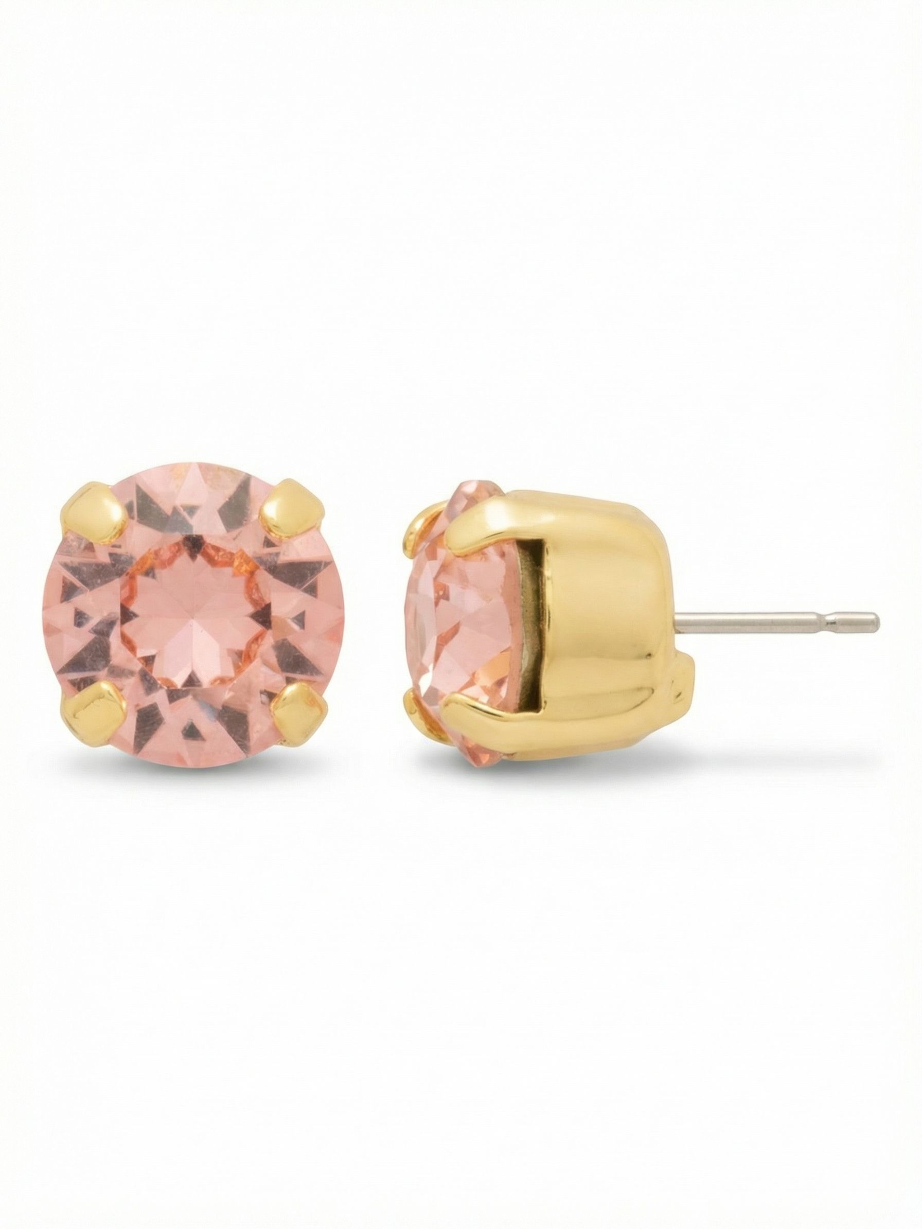 Simple Stud Earrings - EFC99BGLTR - <p>A single round crystal in soft pink catches the light with quiet intent. Sized at just under half an inch, this stud provides a clean point of color that transitions easily through your day. An oversized comfort clutch ensures the bright gold-tone setting remains secure and comfortable from morning to night.</p><ul>
<li>Single round-cut crystal in a classic four-prong setting</li>
<li>Uncomplicated minimalist scale with a clean, low profile</li>
<li>Post with oversized comfort-clutch back</li>
<li>Protective e-coat finish for lasting wear</li>
<li>Includes signature organza pouch for gifting and travel</li>
</ul>