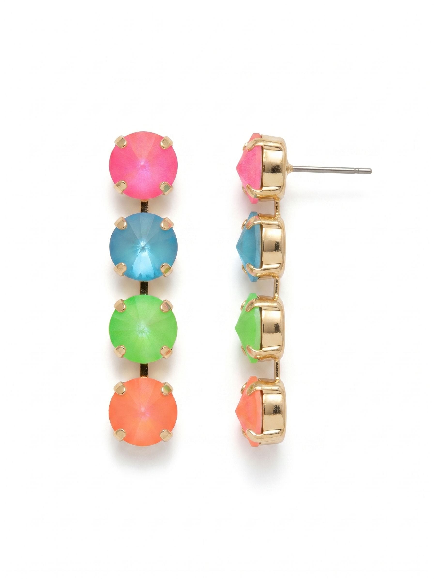Mara Statement Earrings - EFD75BGCCA - <p>A bold vertical line of four vividly colored, oversized crystals catches the light with every turn of the head. The palette shifts from electric pink down through bright blue and green to a vivid hyacinth hue, bringing immediate energy to the face. Constructed on a flexible channel chain, the drop sways gently while maintaining its structured linear shape. A secure post fastens with an oversized comfort clutch, ensuring the two-inch length remains grounded and balanced from morning to evening.</p><ul>
<li>Vertical alignment of four vividly colored oversized crystals</li>
<li>Linked setting provides gentle movement while retaining a structured shape</li>
<li>Post with oversized comfort-clutch back</li>
<li>Protective e-coat finish for lasting wear</li>
<li>Includes signature organza pouch for gifting and travel</li>
</ul>