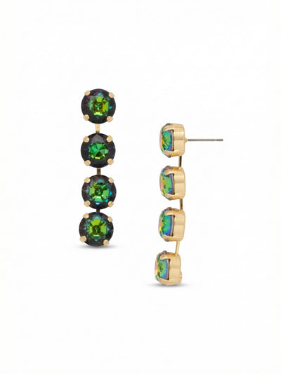Mara Statement Earrings - EFD75BGVO - <p>Four oversized round crystals cascade in a straight linear drop, catching the light with every movement. The shifting palette flashes deep greens, saturated purples, and warm golds depending on the angle. Because they are constructed on an articulated chain, the stones swing naturally alongside your face. To balance the visual weight, each post includes an oversized comfort back to hold the piece secure and upright all day without pulling.</p><ul>
<li>Articulated linear design creates natural movement and light play</li>
<li>Oversized round cuts emphasize the shifting colors of the palette</li>
<li>Post with oversized comfort-clutch back</li>
<li>Protective e-coat finish for lasting wear</li>
<li>Includes signature organza pouch for gifting and travel</li>
</ul>
