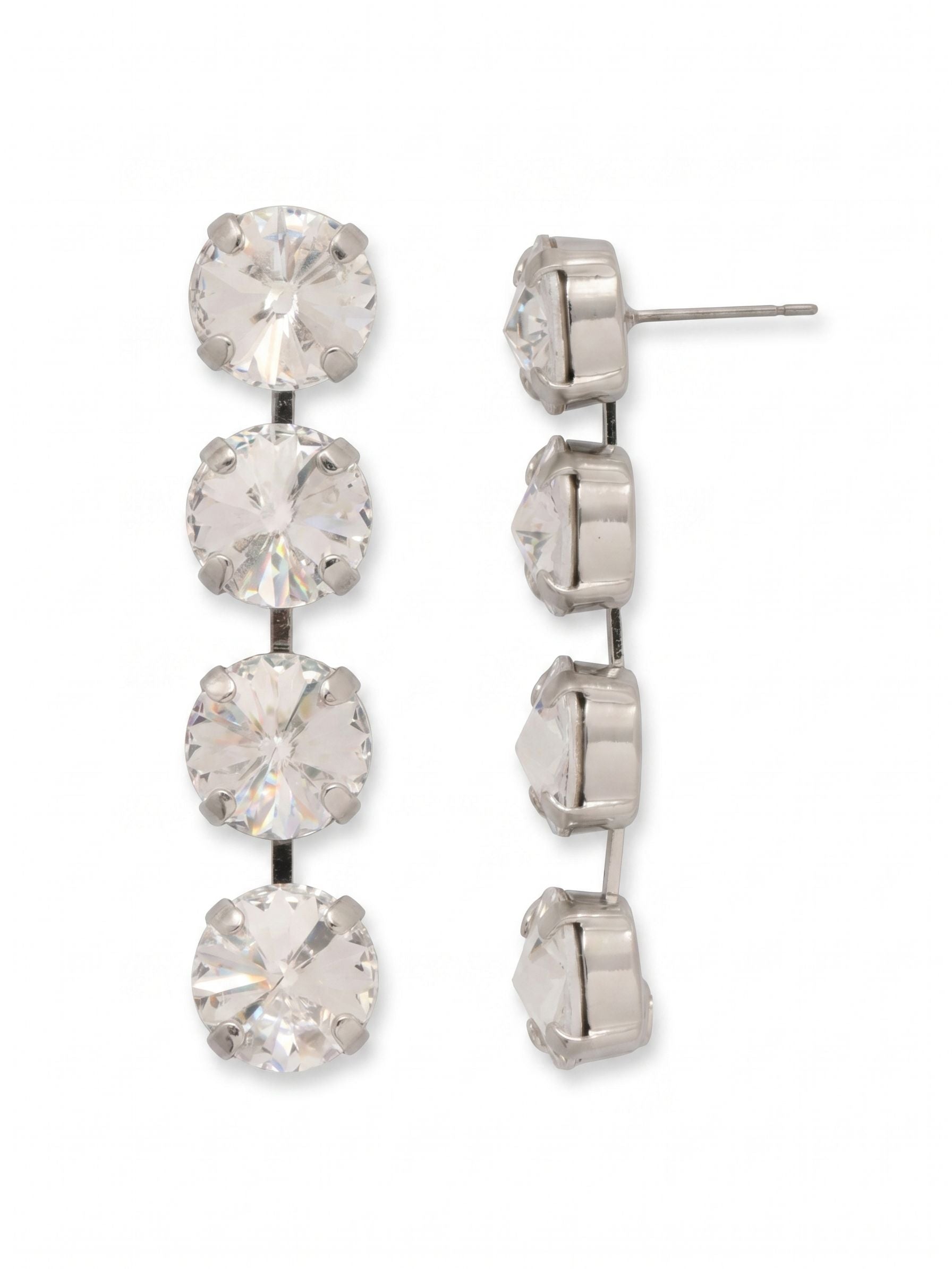 Mara Statement Earrings - EFD75PDCRY - <p>Four bold round crystals align in a sleek vertical column, bringing immediate brilliance to your face. Built on an articulated channel chain, the linear design stays perfectly straight while still allowing the stones to swing fluidly as you move. At two inches long, this pair offers substantial visual presence but remains perfectly balanced and secure throughout the evening, supported by oversized comfort clutches behind each post.</p><ul>
<li>Sleek linear profile formed by four descending round crystals</li>
<li>Articulated channel settings allow the vertical column to sway naturally</li>
<li>Post with oversized comfort-clutch back</li>
<li>Protective e-coat finish for lasting wear</li>
<li>Includes signature organza pouch for gifting and travel</li>
</ul>