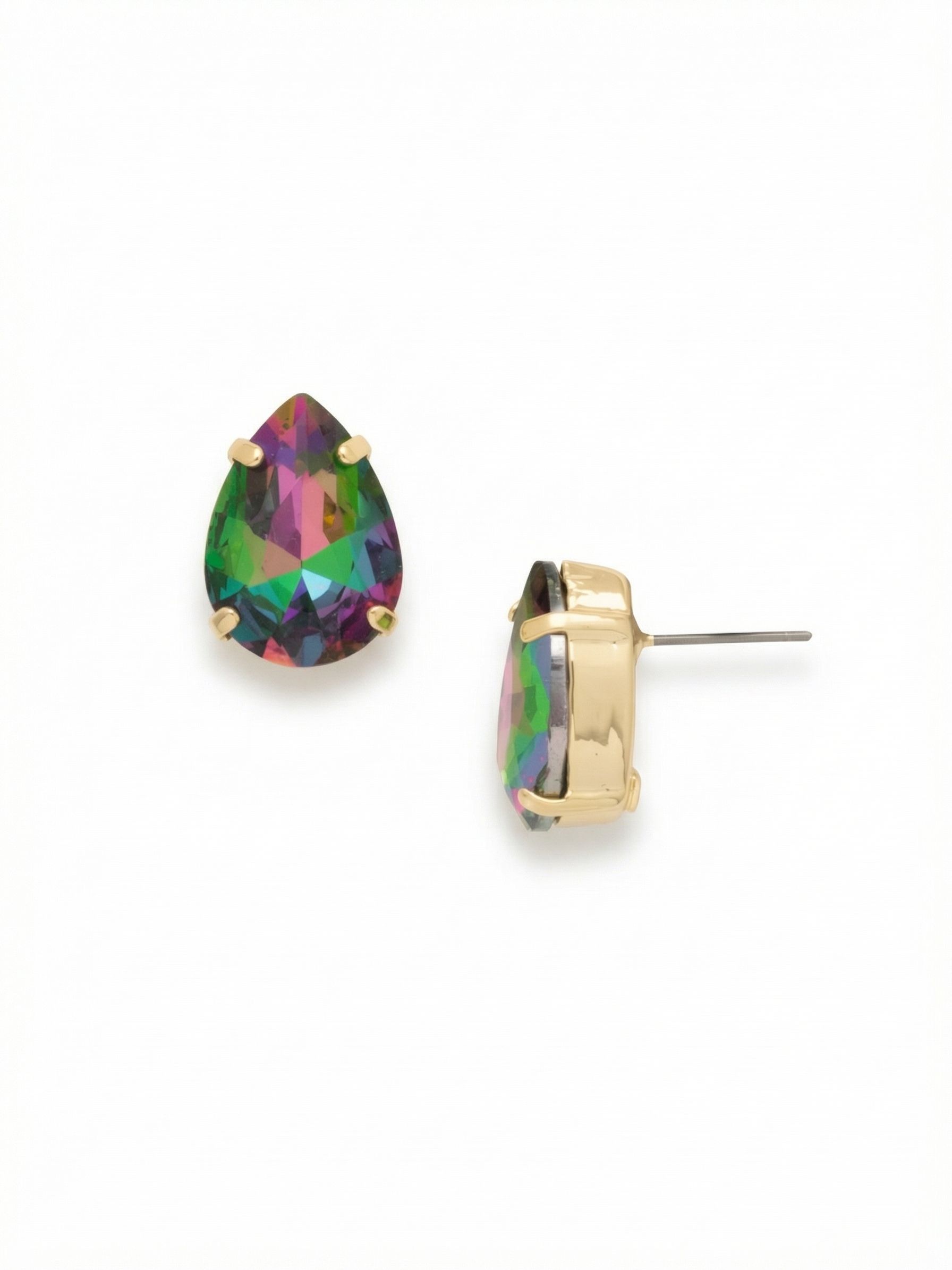 Eileen Stud Earrings - EFF100BGVO - <p>A single, substantial pear-cut crystal provides the strong presence of a statement earring in the compact profile of a stud. The deep, shifting tones of magenta, violet, and emerald green catch the light with everyday movement. Because a stone this scale requires proper support, these posts include our oversized comfort clutch backs to hold the weight secure and perfectly positioned from morning to night. It is a quiet but confident way to bring rich color close to the face.</p><ul>
<li>Large-scale pear silhouette that offers bold impact in a stationary design</li>
<li>Deeply faceted surface designed to reveal shifting layers of rich color</li>
<li>Post with oversized comfort-clutch back</li>
<li>Protective e-coat finish for lasting wear</li>
<li>Includes signature organza pouch for gifting and travel</li>
</ul>