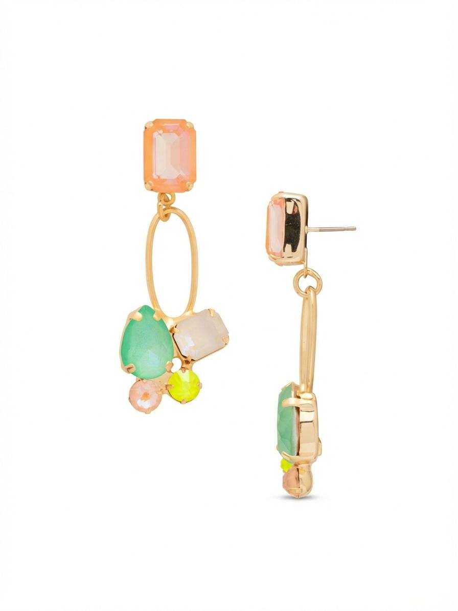 Maude Statement Earrings - EFF77BGMAM - <p>A large emerald-cut peach crystal grounds this earring, staying balanced all day with an oversized comfort clutch. Suspended just below, an airy gold-tone oval loop creates natural swing and movement. The base gathers an asymmetric cluster of pear-cut mint, luminous white aurora borealis, and a vivid touch of electric yellow. Measuring just over two inches, the open metalwork delivers visual volume while remaining light enough to wear comfortably into the evening.</p><ul>
<li>Asymmetric clustered base with mixed pear and emerald crystal cuts</li>
<li>Open metal loop creates lightweight volume and movement</li>
<li>Post with oversized comfort-clutch back</li>
<li>Protective e-coat finish for lasting wear</li>
<li>Includes signature organza pouch for gifting and travel</li>
</ul>