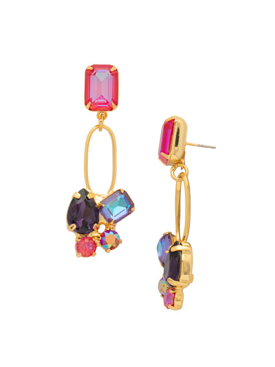 Maude Statement Earrings - EFF77BGREV - <p>The Maude Statement Earrings feature an assortment of cut crystals on the end of a metal oblong hoop, dangling from a single octagon cut crystal on a post. From Sorrelli's Red Velvet collection in our Bright Gold-tone finish.</p>