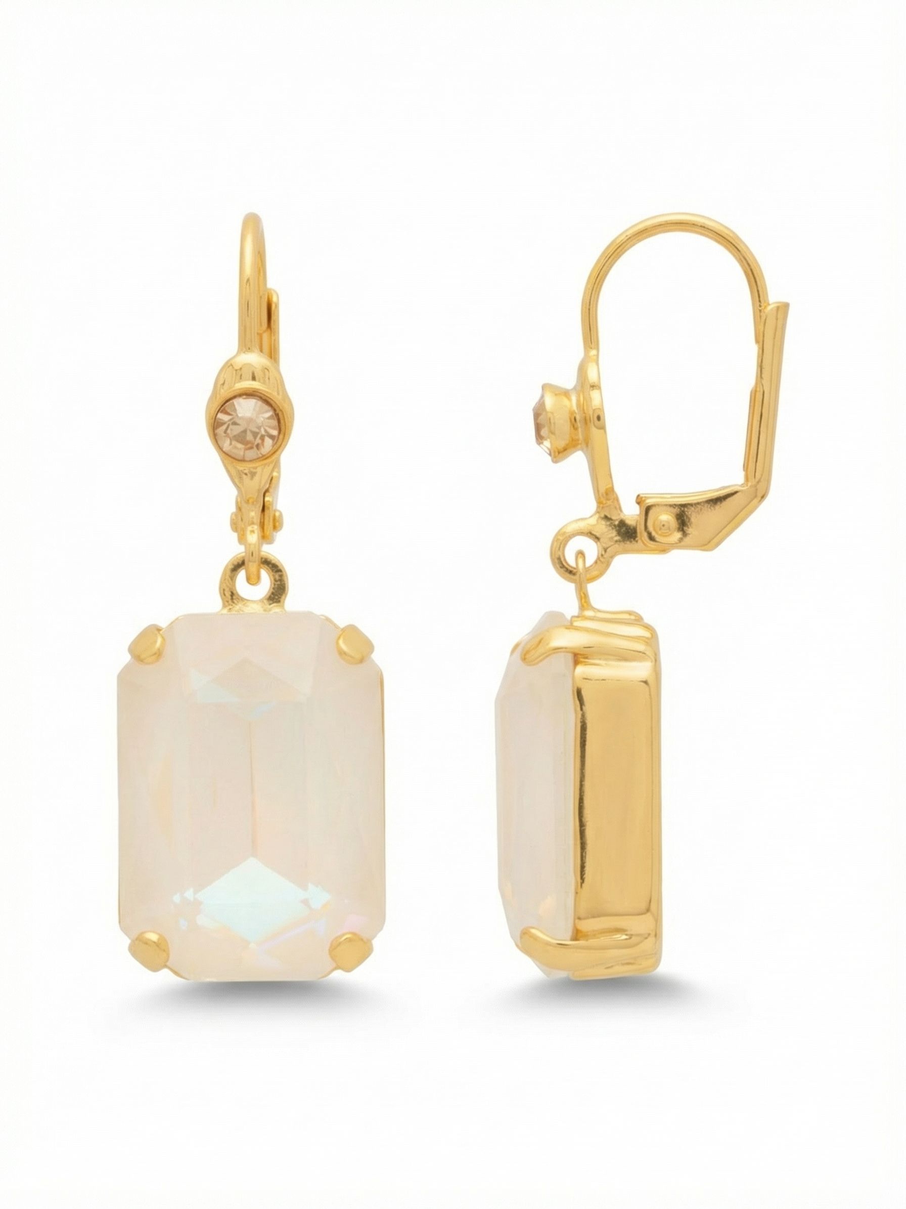 Kathleen Studded Dangle Earrings - EFF80BGUWAB - <p>A sizable emerald-cut crystal defines this linear drop earring, carrying a soft iridescent glow that shifts as you move. The large rectangular stone swings freely from a secure hinged closure, ensuring a comfortable hold that lasts all day. Set just above the drop, a single warm-toned crystal provides quiet contrast against the bright gold setting. At an inch and a half long, they carry enough weight to feel substantial but move easily alongside you.</p><ul>
<li>Contrast of a small warm crystal against a large iridescent drop</li>
<li>Linear movement of the oversized emerald-cut stone</li>
<li>French wire for a smooth, secure fit</li>
<li>Protective e-coat finish for lasting wear</li>
<li>Includes signature organza pouch for gifting and travel</li>
</ul>
