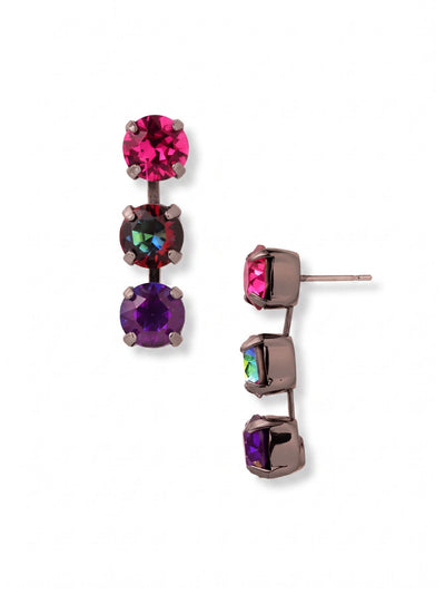 Matilda Triple Dangle Earrings - EFH10GMNNI - <p>Three round crystals form a clean linear drop, transitioning from bright fuchsia to iridescent volcano and deep burgundy. The dark gunmetal setting creates a moody contrast that anchors the rich colors. Built on a flexible channel link, the stones catch the light with subtle, controlled movement as you turn your head. An oversized comfort clutch back ensures the post rests securely, keeping the vertical line perfectly straight all day.</p><ul>
<li>Vertical gradient of deep fuchsia and iridescent round crystals</li>
<li>Articulated channel setting creates fluid linear movement</li>
<li>Post with oversized comfort-clutch back</li>
<li>Includes organza pouch for gifting and travel</li>
</ul>