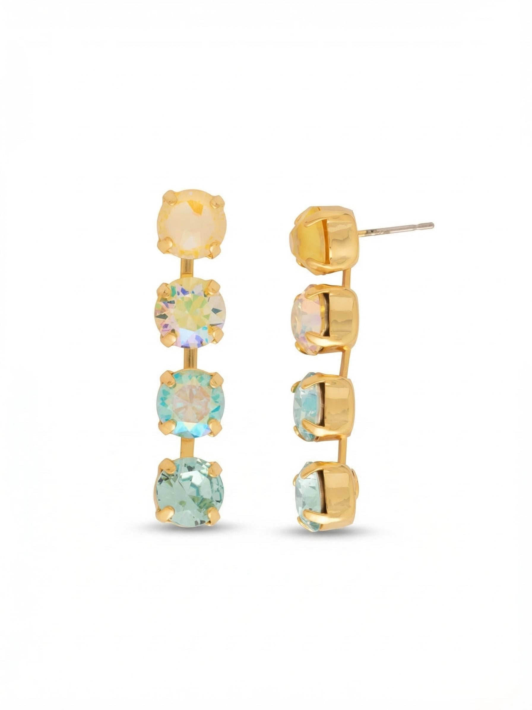 Matilda Dangle Earrings - EFH1BGCSD - <p>A clean vertical line of crystal brings quiet focus to the face. Four round stones shift from warm golden topaz to cool aquamarine, reflecting soft light with every turn of your head. The stones are linked in a slender metal channel that keeps the overall drop sleek and structured. An oversized comfort clutch behind the post ensures the earring stays balanced and secure from morning to evening. The inch and a half scale feels substantial but naturally easy to wear.</p><ul>
<li>Linear gradient transitioning from warm yellow to cool blue</li>
<li>Linked channel setting maintains a sleek vertical profile</li>
<li>Post with oversized comfort-clutch back</li>
<li>Protective e-coat finish for lasting wear</li>
<li>Includes signature organza pouch for gifting and travel</li>
</ul>
