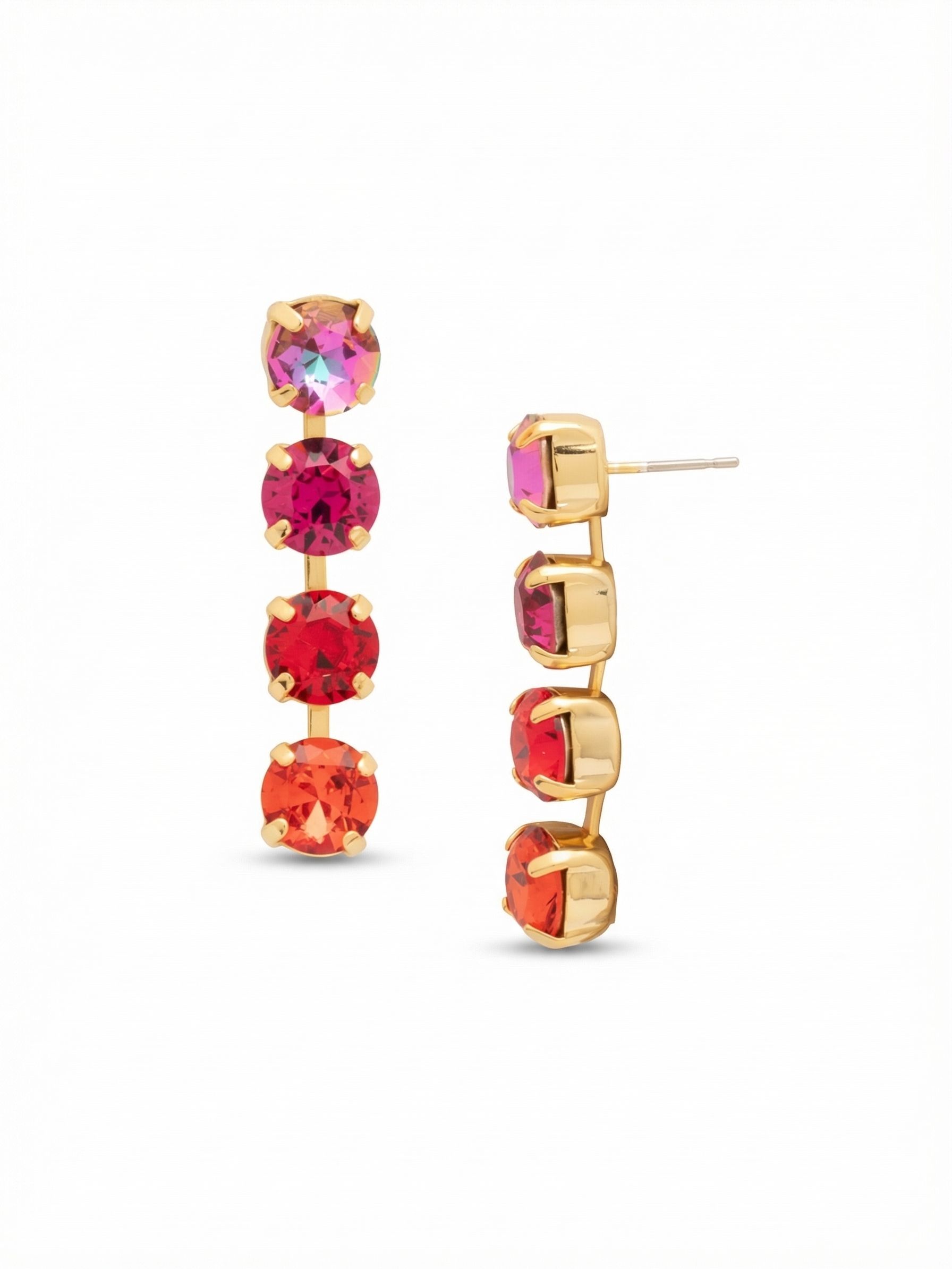 Matilda Dangle Earrings - EFH1BGFIS - <p>A linear gradient of warm color suspends cleanly alongside the face. Four uniformly sized, round-cut crystals transition smoothly from bright violet-pink down to fiery orange, catching ambient light with every turn of the head. The channel construction offers fluid movement while maintaining a remarkably slim profile. Measuring an inch and a half, these earrings anchor on a lightweight post, complete with an oversized comfort clutch that keeps the vertical line upright and secure all day.</p><ul>
<li>Linear gradient of uniformly sized round crystals</li>
<li>Articulated channel construction for gentle movement</li>
<li>Post with oversized comfort-clutch back</li>
<li>Protective e-coat finish for lasting wear</li>
<li>Includes organza pouch for gifting and travel</li>
</ul>