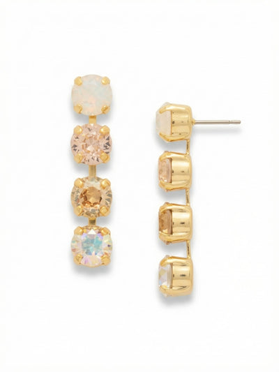 Matilda Dangle Earrings - EFH1BGGGO - <p>A linear drop of four round-cut crystals creates a continuous line of light that sways naturally as you move. Set in an articulated channel chain, the stones transition through soft, shifting tones from clear crystal to vintage rose and warm golden shadow. At an inch and a half long, the scale brings visible movement to the face, while the oversized comfort back keeps the post securely anchored and balanced all day.</p><ul>
<li>Linear silhouette formed by an articulated channel chain</li>
<li>Subtle gradient of shifting warm and iridescent crystal tones</li>
<li>Post with oversized comfort-clutch back</li>
<li>Protective e-coat finish for lasting wear</li>
<li>Includes signature organza pouch for gifting and travel</li>
</ul>