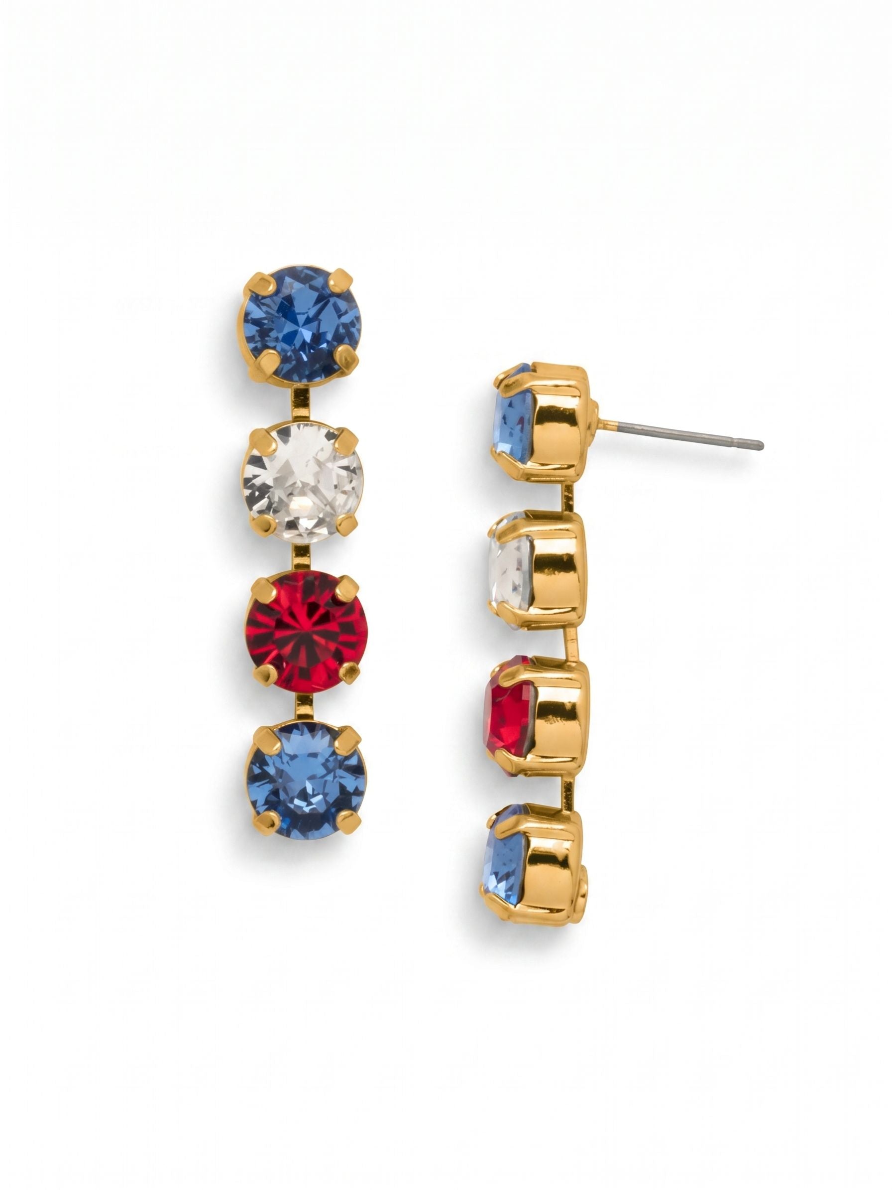 Matilda Dangle Earrings - EFH1BGUSA - <p>A fluid line of color that moves with your natural rhythm. These linear drops are built on an articulated channel chain, allowing the stacked sequence of sapphire, clear, and red round-cut crystals to catch the light from every angle. Measuring an inch and a half, the slender profile offers noticeable length without heavy volume. The post closure includes an oversized comfort clutch to ensure the bright gold-tone setting stays perfectly balanced and secure throughout the day.</p><ul>
<li>Articulated channel setting creates fluid linear movement</li>
<li>Stacked sequence of primary colored round-cut crystals</li>
<li>Post with oversized comfort-clutch back</li>
<li>Protective e-coat finish for lasting wear</li>
<li>Includes organza pouch for gifting and travel</li>
</ul>