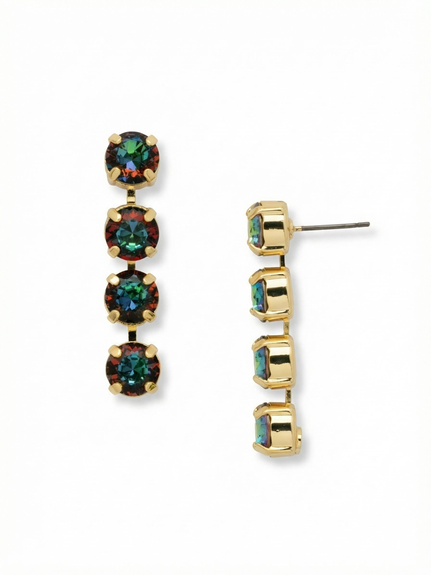 Matilda Dangle Earrings - EFH1BGVO - <p>A clean, linear drop that moves with you. Four round-cut crystals are set in an articulated chain construction, allowing each stone to catch the light independently as you turn your head. The bright gold-tone setting frames the shifting greens, blues, and deep reds of the crystals, creating a focused beam of color alongside your face. At an inch and a half long, they offer noticeable movement while an oversized monster back comfort clutch keeps the post securely anchored all day.</p><ul>
<li>Articulated linear setting creates fluid, natural movement</li>
<li>Identical round crystals form a clean line of shifting color</li>
<li>Post with oversized comfort-clutch back</li>
<li>Protective e-coat finish for lasting wear</li>
<li>Includes signature organza pouch for gifting and travel</li>
</ul>