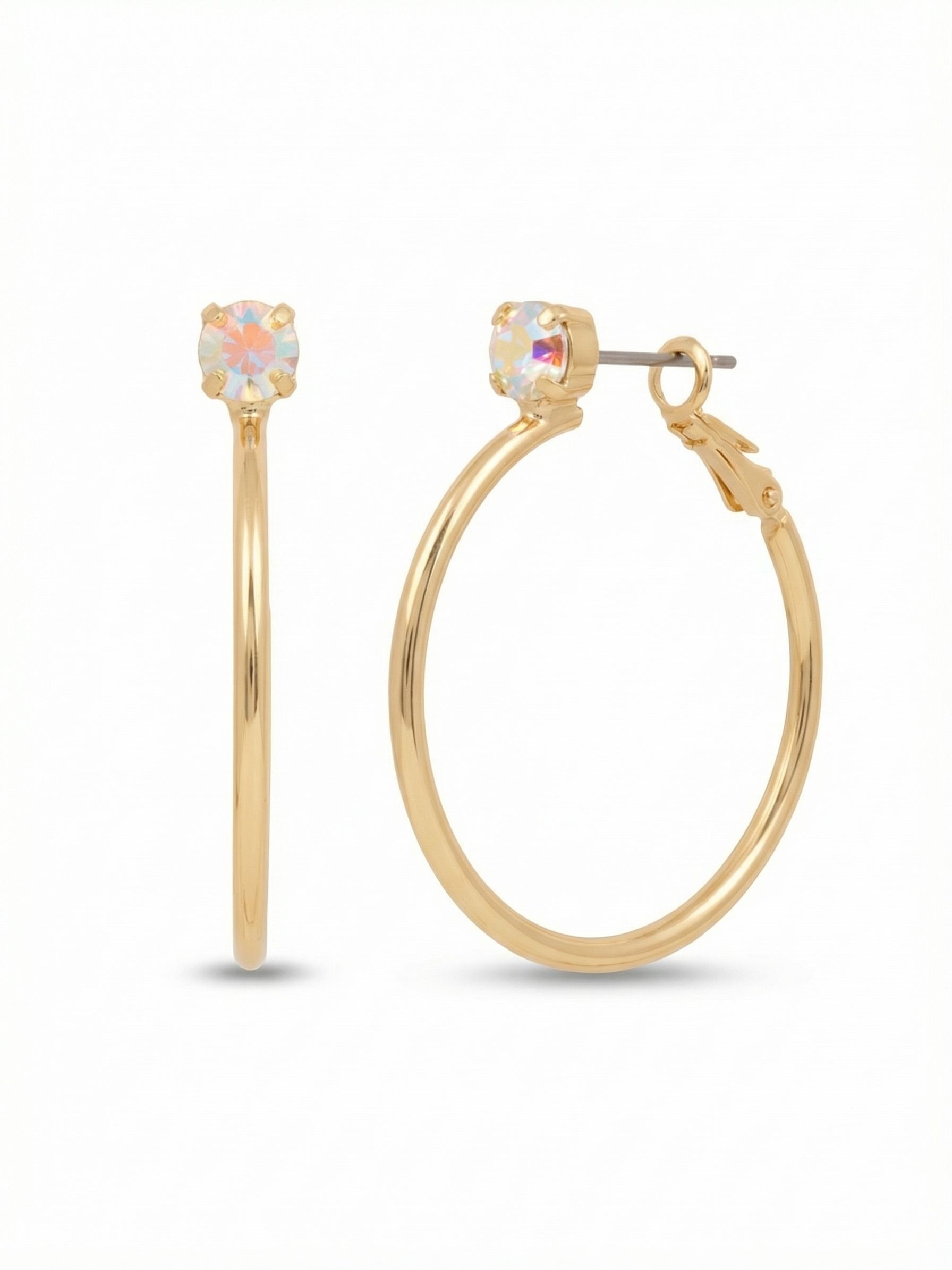 Mini Serafina Hoop Earrings - EFJ1BGCAB - <p>A slender, polished hoop anchors a single prismatic crystal right at the piercing. The one-and-a-half-inch diameter strikes an easy balance between everyday wearability and visible movement. As you turn your head, the round-cut stone throws flashes of iridescent light near the face. The fluid metal frame remains lightweight and secure through hours of continuous wear. It is a refined take on a familiar silhouette, bringing a deliberate touch of light to your daily uniform.</p><ul>
<li>Single iridescent crystal focal point</li>
<li>Slender circular profile for lightweight movement</li>
<li>Hinged hoop with click-shut closure</li>
<li>Protective e-coat finish for lasting wear</li>
<li>Includes signature organza pouch for gifting and travel</li>
</ul>