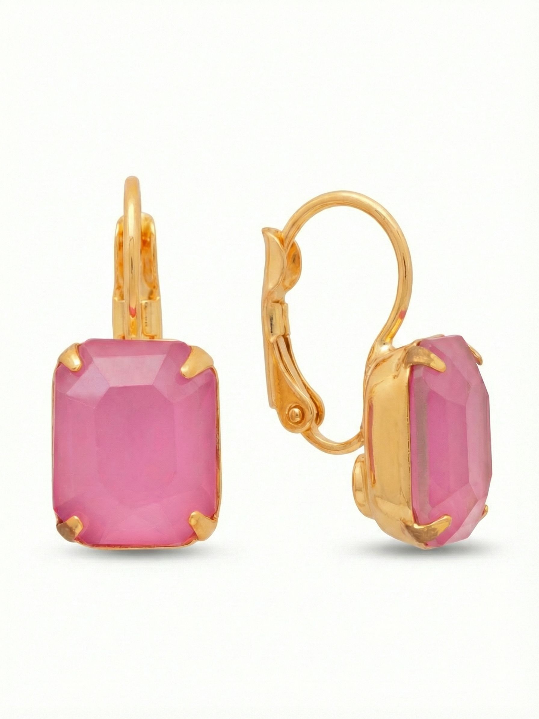 Octavia Dangle Earrings - EFK6BGPPL - <p>The clean geometry of an emerald cut meets the soft warmth of solid pink in these tailored drop earrings. A bright gold-tone setting frames the stone with secure corner prongs, keeping the focus entirely on the rich color and subtle movement. Suspended closely to the ear, they provide a gentle, rhythmic swing as you go about your day. Lightweight and completely secure, they act as an effortless daily signature that requires no styling second thoughts.</p><ul>
<li>Clean emerald-cut stones present a tailored geometric profile</li>
<li>Opaque hue creates a bold saturated visual impact</li>
<li>Hook drop for easy, lightweight wear</li>
<li>Protective e-coat finish for lasting wear</li>
<li>Includes signature organza pouch for gifting and travel</li>
</ul>