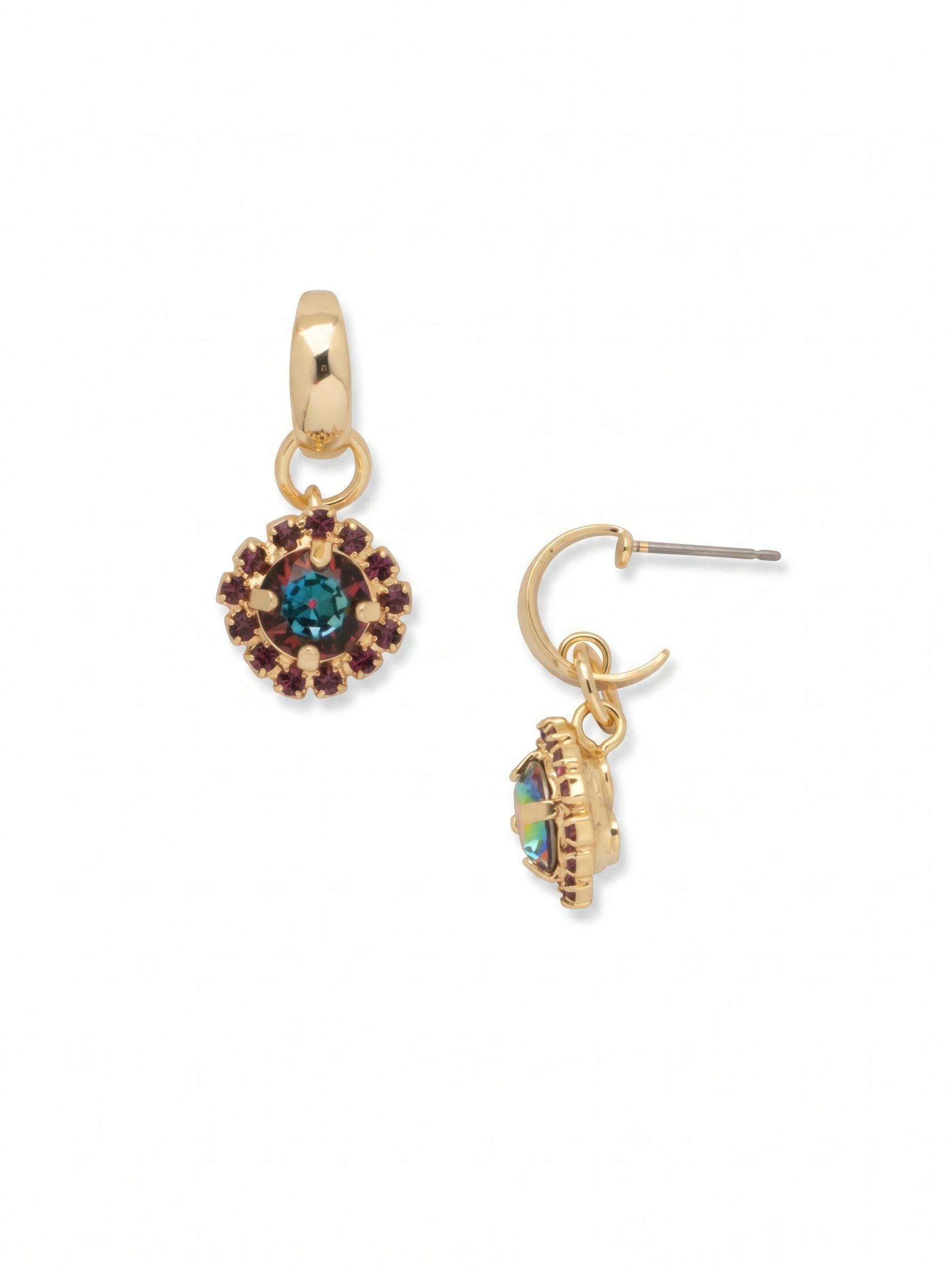 Haute Halo Huggie Dangle Earrings - EFK7BGVO - <p>These short dangle earrings catch the light with every motion. A polished gold hoop suspends a round crystal shifting in rich tones of teal and magenta. This central stone sits within a tight halo of deep burgundy crystals, creating dark contrast against the bright center. An articulated jump ring allows the pendant to sway naturally as you walk. Secured with a post and an oversized comfort clutch, the design remains perfectly balanced and comfortable all day.</p><ul>
<li>Contrasting crystal halo around a vibrant color-shifting center stone</li>
<li>Articulated pendant drop creates gentle continuous movement</li>
<li>Huggie hoop with click-shut closure</li>
<li>Protective e-coat finish for lasting wear</li>
<li>Includes signature organza pouch for gifting and travel</li>
</ul>