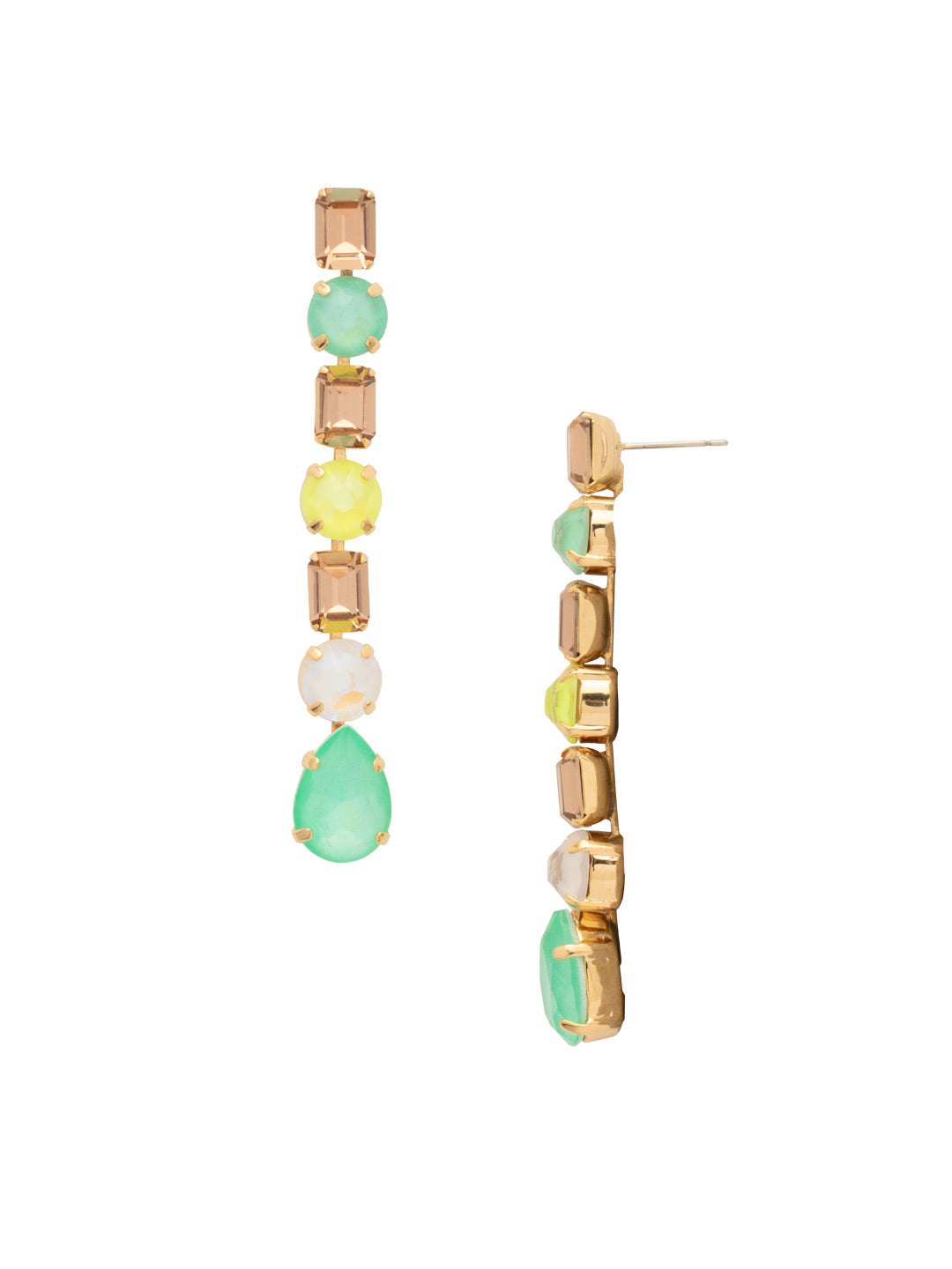 Kayla Dangle Earrings - EFN9BGMAM - <p>The Kayla Dangle Earrings feature a line of assorted round, emerald, and pear-cut crystals dangling from a post. From Sorrelli's Mango Mint collection in our Bright Gold-tone finish.</p>