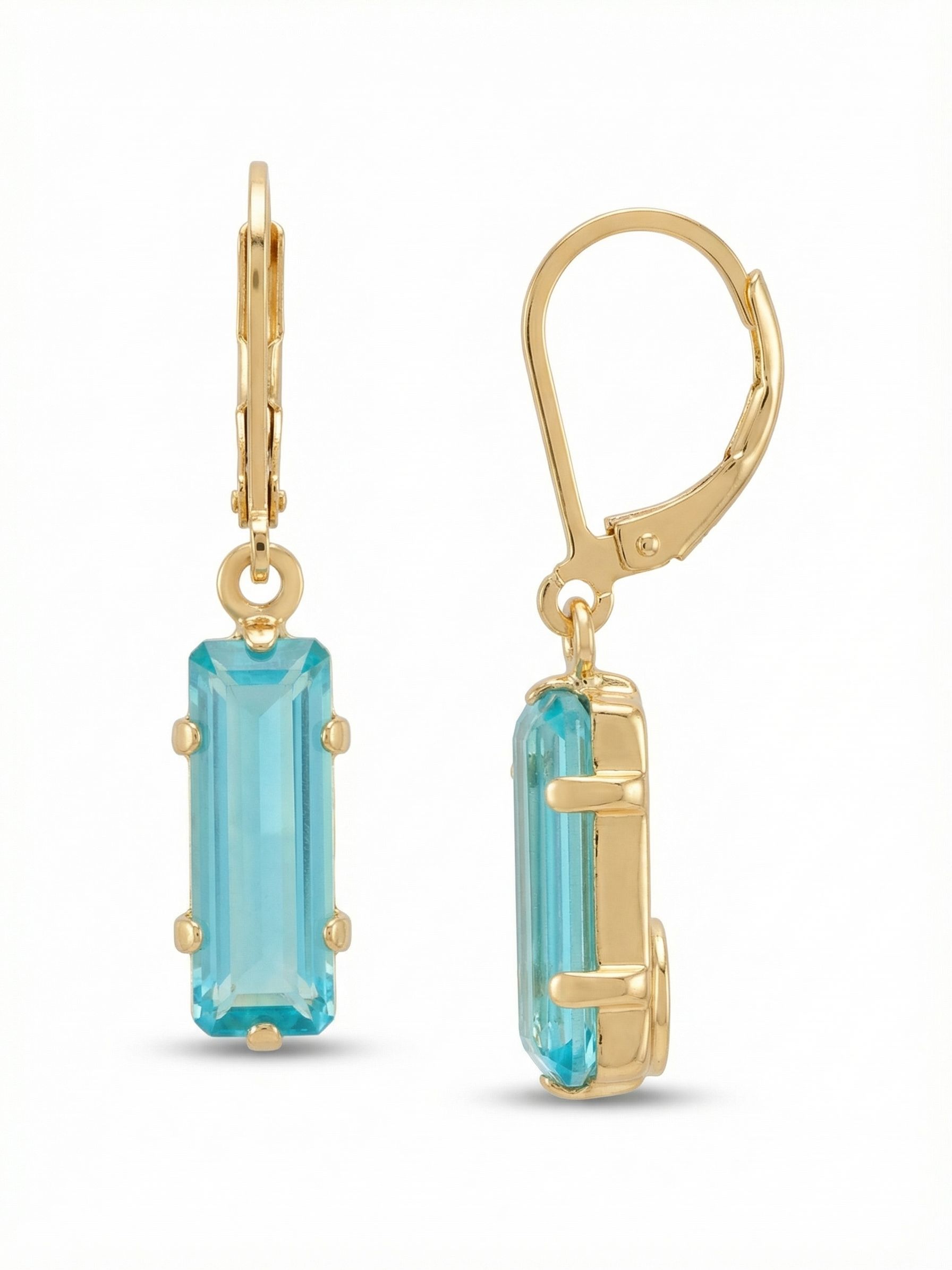 Bindi Dangle Earrings - EFP13BGSBD - <p>A single elongated baguette crystal creates a clean, linear drop that catches the light with every turn of your head. The watery blue shade offers a subtle wash of color, framed warmly by bright gold-tone metal. Suspended to allow natural movement, these lightweight earrings provide a comfortable feel for uninterrupted wear. The minimal silhouette makes them an easy choice for pulling together a busy morning or adding a quiet touch of color to an evening out.</p><ul>
<li>Clean linear drop design highlighting a single elongated crystal</li>
<li>Step-cut facets that create long geometric flashes of light</li>
<li>French wire drop for easy, lightweight wear</li>
<li>Protective e-coat finish for lasting wear</li>
<li>Includes signature organza pouch for gifting and travel</li>
</ul>
