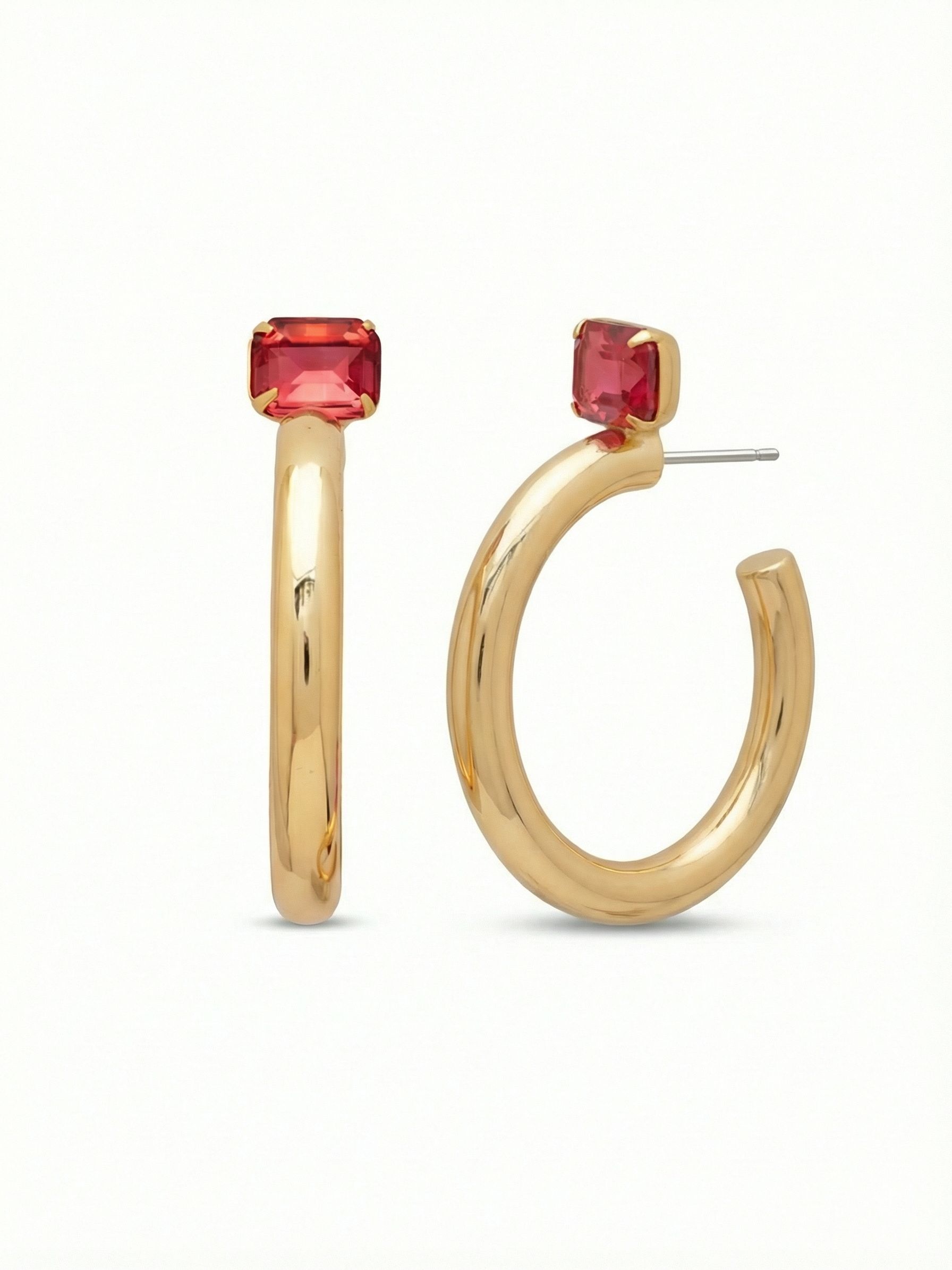 Keeley Emerald Cut Hoop Earrings - EFU6BGRO - <p>A single emerald-cut rose crystal anchors this modern take on the classic gold hoop. The sharp, linear facets of the stone create a crisp contrast against the thick, high-polish curve of the tubular drop. Measuring just under two inches long, these earrings offer substantial visual presence while remaining perfectly balanced. The oversized comfort clutch holds the crystal firmly against the ear, ensuring the profile stays secure and centered as the hoop sways with your natural movement.</p><ul>
<li>Horizontally set emerald-cut crystal anchor</li>
<li>Thick tubular hoop profile with a smooth curved drop</li>
<li>Hoop earring</li>
<li>Protective e-coat finish for lasting wear</li>
<li>Includes signature organza pouch for gifting and travel</li>
</ul>