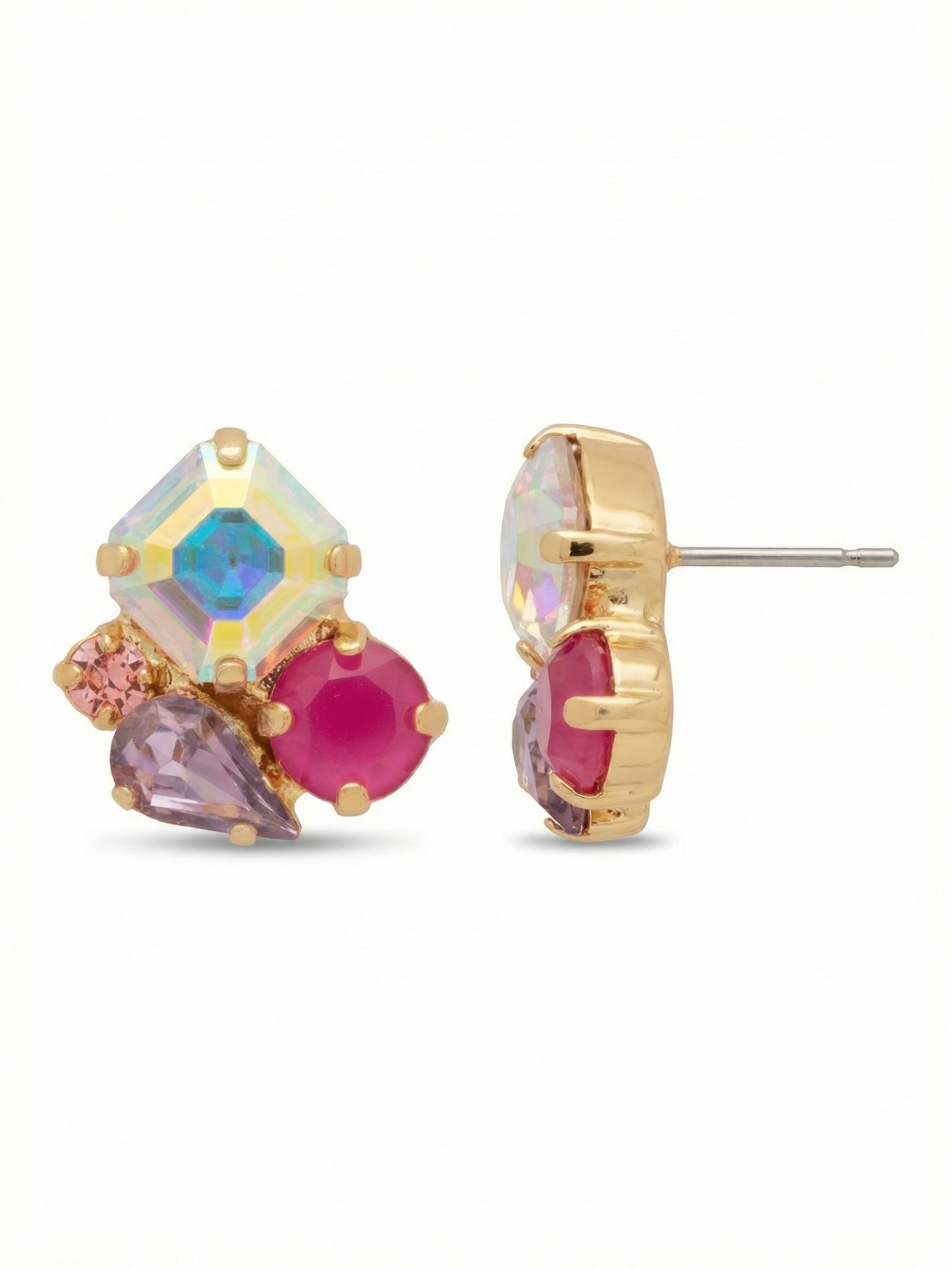 Anika Stud Earrings - EFY11BGPRO - <p>A prominent square-cut Aurora Borealis crystal anchors this asymmetrical grouping, catching the light alongside a mix of pear-cut violet and rounded pink lacquer stones. At three-quarters of an inch, these studs offer distinct visual presence while reading neatly at conversation distance. They rest securely against the ear, supported by an oversized comfort clutch that keeps the varied geometry perfectly balanced from morning to evening. The warm setting unifies the varied cuts for a refined take on color.</p><ul>
<li>Asymmetrical arrangement of square, pear, and round crystal cuts</li>
<li>Iridescent central stone paired with opaque pink lacquer</li>
<li>Post with oversized comfort-clutch back</li>
<li>Protective e-coat finish for lasting wear</li>
<li>Includes signature organza pouch for gifting and travel</li>
</ul>