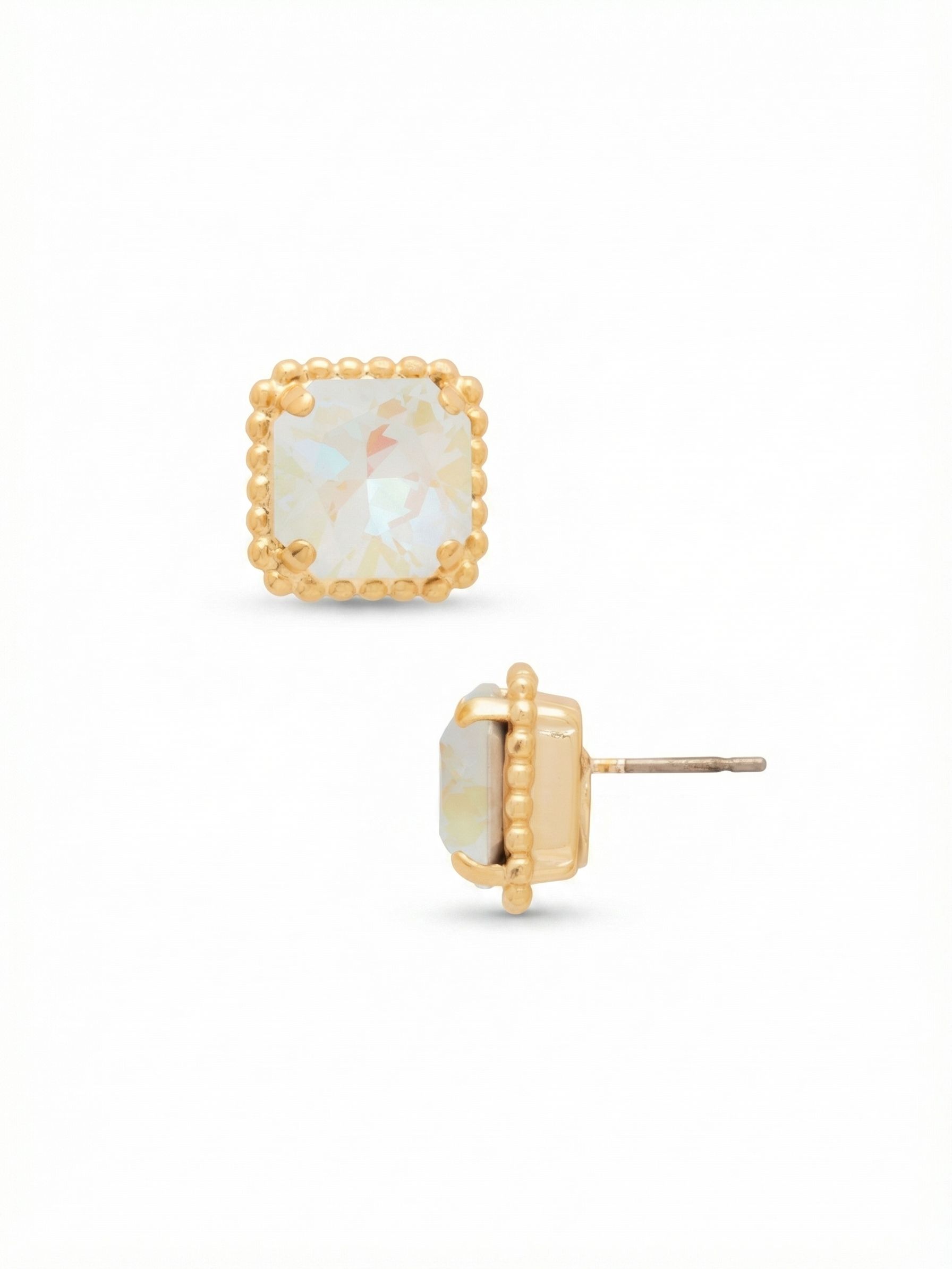 Izzy Decorated Stud Earrings - EFY2BGUWAB - <p>A sharp ten-millimeter square crystal forms the center of this tailored stud, reflecting light with the iridescent flashes of its aurora borealis finish. A delicate border of ball chain adds unexpected texture to the structured gold-tone setting. Measuring a half inch across, the geometric profile holds a confident presence for daily wear. The included oversized comfort clutch back keeps the square silhouette anchored firmly and comfortably upright from morning until night.</p><ul>
<li>Square-cut center crystal framed by a textured ball chain border</li>
<li>Geometric half-inch profile offering noticeable daily presence</li>
<li>Post with oversized comfort-clutch back</li>
<li>Protective e-coat finish for lasting wear</li>
<li>Includes signature organza pouch for gifting and travel</li>
</ul>