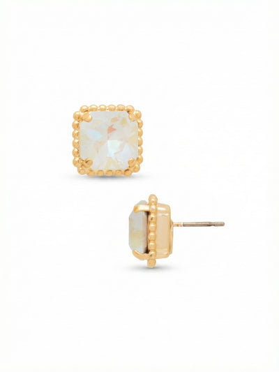 Izzy Decorated Stud Earrings - EFY2BGUWAB - <p>A sharp ten-millimeter square crystal forms the center of this tailored stud, reflecting light with the iridescent flashes of its aurora borealis finish. A delicate border of ball chain adds unexpected texture to the structured gold-tone setting. Measuring a half inch across, the geometric profile holds a confident presence for daily wear. The included oversized comfort clutch back keeps the square silhouette anchored firmly and comfortably upright from morning until night.</p><ul>
<li>Square-cut center crystal framed by a textured ball chain border</li>
<li>Geometric half-inch profile offering noticeable daily presence</li>
<li>Post with oversized comfort-clutch back</li>
<li>Protective e-coat finish for lasting wear</li>
<li>Includes signature organza pouch for gifting and travel</li>
</ul>