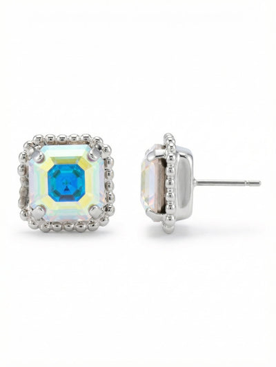 Izzy Decorated Stud Earrings - EFY2PDCAB - <p>A single ten-millimeter square crystal catches the light, framed by a delicate border of metal ball chain. These half-inch studs offer enough scale to register clearly from across a table, while the iridescent Aurora Borealis finish shifts through subtle prisms of color as your head turns. An oversized comfort clutch secures the post, ensuring the setting stays flush and perfectly balanced from morning to night.</p><ul>
<li>Singular square-cut crystal framed by a textural ball chain border</li>
<li>Iridescent color shifts provide quiet impact at conversation distance</li>
<li>Post with oversized comfort-clutch back</li>
<li>Protective e-coat finish for lasting wear</li>
<li>Includes signature organza pouch for gifting and travel</li>
</ul>