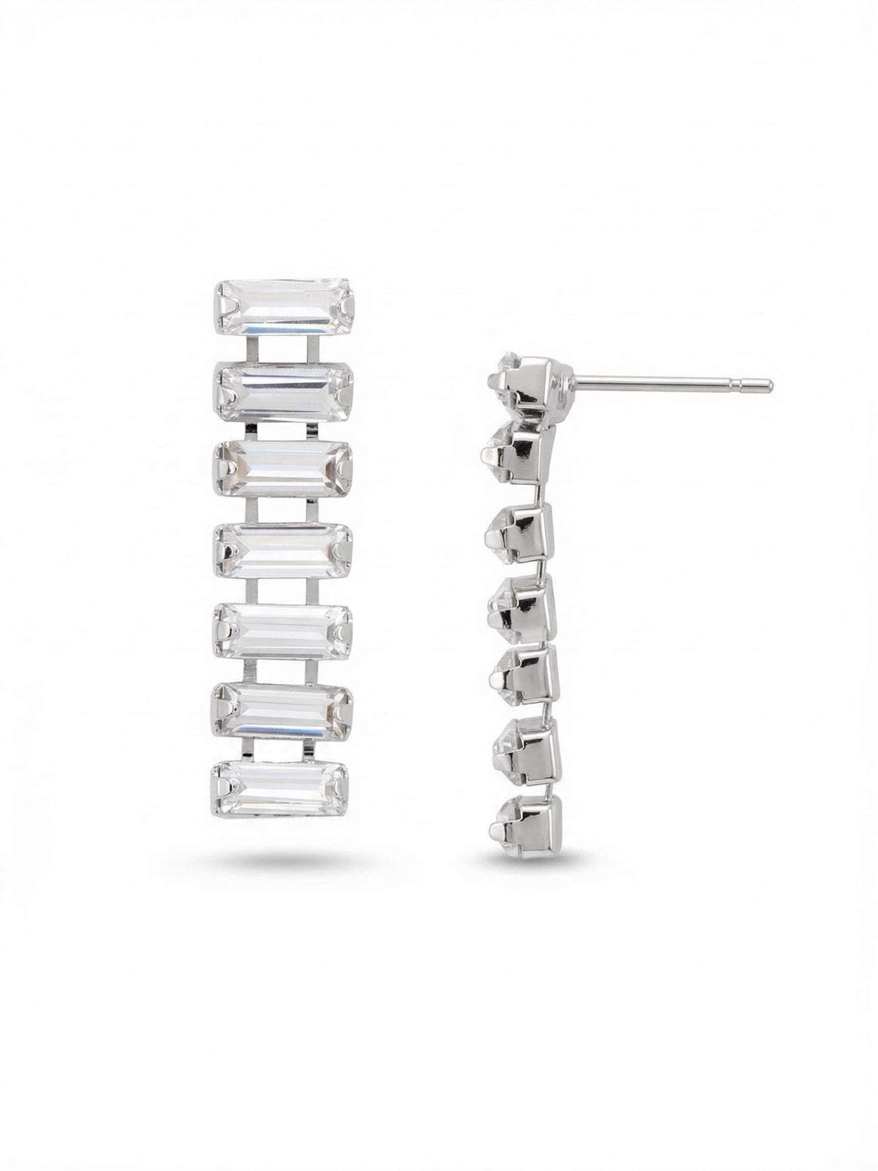 Bianca Dangle Earrings - EFY50PDCRY - <p>Clean geometric lines define these one-inch linear drops. Horizontally set clear baguette crystals catch the light with broad, sharp flashes as you move. Built on a flexible crystal set chain, the stones articulate slightly while maintaining their precise column shape. The post closure secures behind the top crystal, backed by an oversized comfort clutch that keeps the lightweight structure perfectly balanced and flush against the ear throughout your day.</p><ul>
<li>Linear column of horizontally set clear baguette crystals</li>
<li>Flexible channel chain construction allows subtle movement</li>
<li>Post with oversized comfort-clutch back</li>
<li>Protective e-coat finish for lasting wear</li>
<li>Includes signature organza pouch for gifting and travel</li>
</ul>
