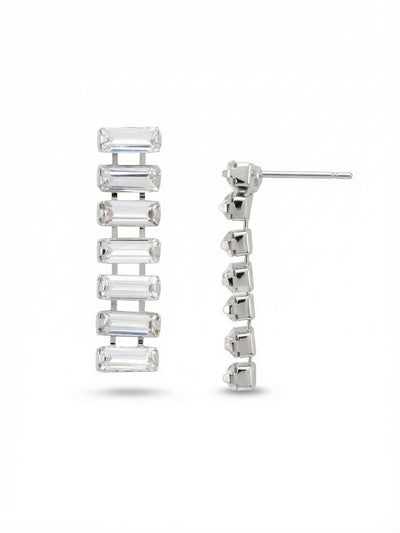 Bianca Dangle Earrings - EFY50PDCRY - <p>Clean geometric lines define these one-inch linear drops. Horizontally set clear baguette crystals catch the light with broad, sharp flashes as you move. Built on a flexible crystal set chain, the stones articulate slightly while maintaining their precise column shape. The post closure secures behind the top crystal, backed by an oversized comfort clutch that keeps the lightweight structure perfectly balanced and flush against the ear throughout your day.</p><ul>
<li>Linear column of horizontally set clear baguette crystals</li>
<li>Flexible channel chain construction allows subtle movement</li>
<li>Post with oversized comfort-clutch back</li>
<li>Protective e-coat finish for lasting wear</li>
<li>Includes signature organza pouch for gifting and travel</li>
</ul>