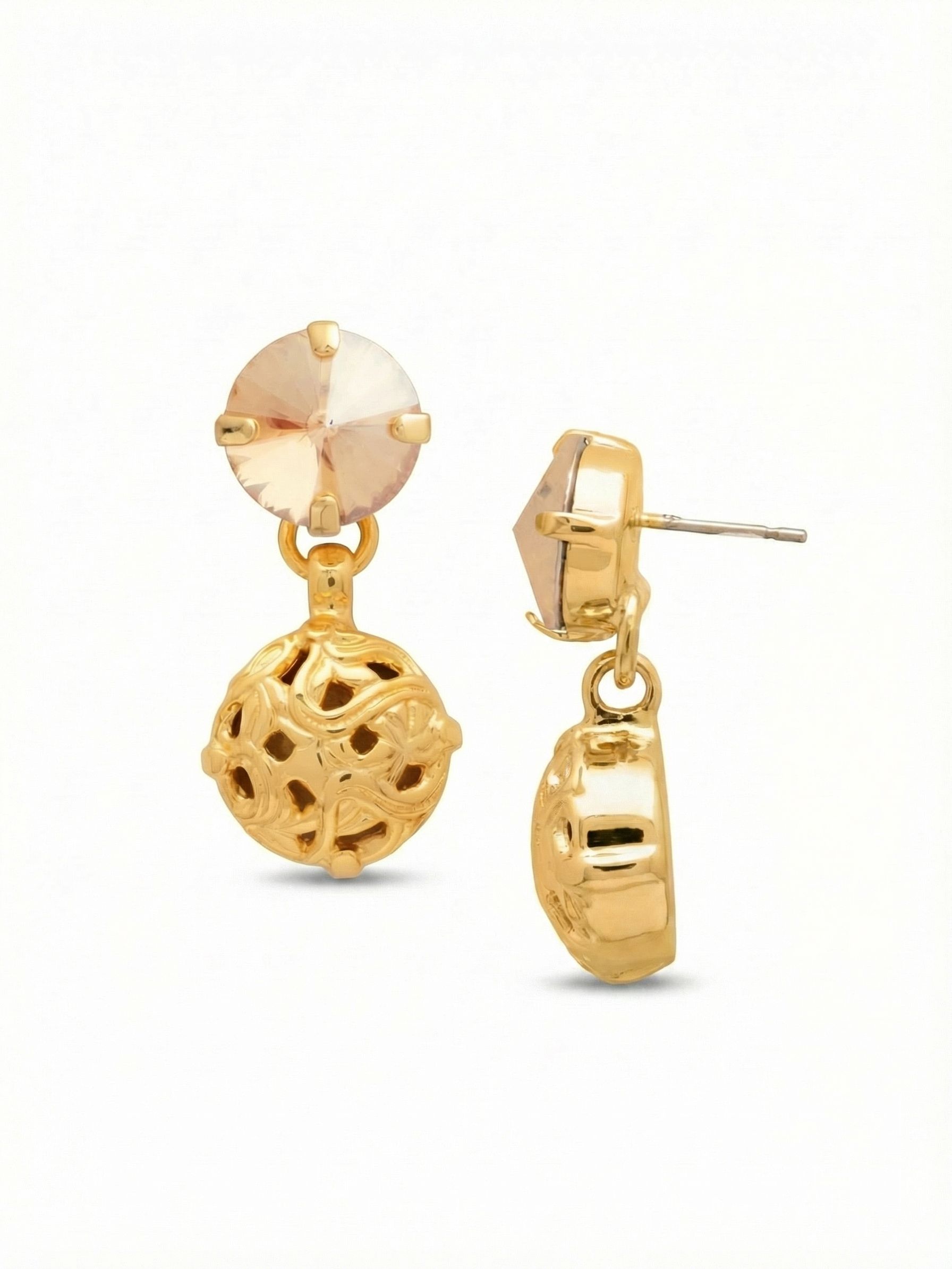 Clementine Round Dangle Earrings - EFZ188BGGNS - <p>The Clementine dangle brings a wash of warm light that shifts as you move. A substantial round crystal in a soft champagne hue drops just below the ear, giving you a quiet sway without the heavy swing of a larger style. The bright gold framework reflects light upward to illuminate the face. Designed with an oversized comfort clutch, the post setting remains upright and balanced from morning to evening, turning a noticeable silhouette into an effortless daily choice.</p><ul>
<li>Substantial round-cut crystal creates a warm focal point</li>
<li>Compact drop design offers a subtle sway without feeling heavy</li>
<li>Post with oversized comfort-clutch back</li>
<li>Protective e-coat finish for lasting wear</li>
<li>Includes signature organza pouch for gifting and travel</li>
</ul>