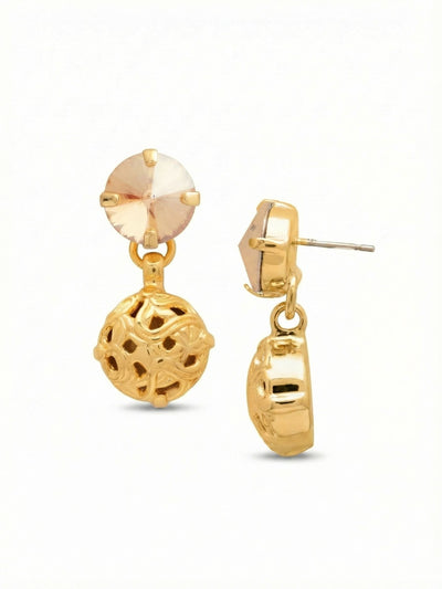 Clementine Round Dangle Earrings - EFZ188BGGNS - <p>The Clementine dangle brings a wash of warm light that shifts as you move. A substantial round crystal in a soft champagne hue drops just below the ear, giving you a quiet sway without the heavy swing of a larger style. The bright gold framework reflects light upward to illuminate the face. Designed with an oversized comfort clutch, the post setting remains upright and balanced from morning to evening, turning a noticeable silhouette into an effortless daily choice.</p><ul>
<li>Substantial round-cut crystal creates a warm focal point</li>
<li>Compact drop design offers a subtle sway without feeling heavy</li>
<li>Post with oversized comfort-clutch back</li>
<li>Protective e-coat finish for lasting wear</li>
<li>Includes signature organza pouch for gifting and travel</li>
</ul>
