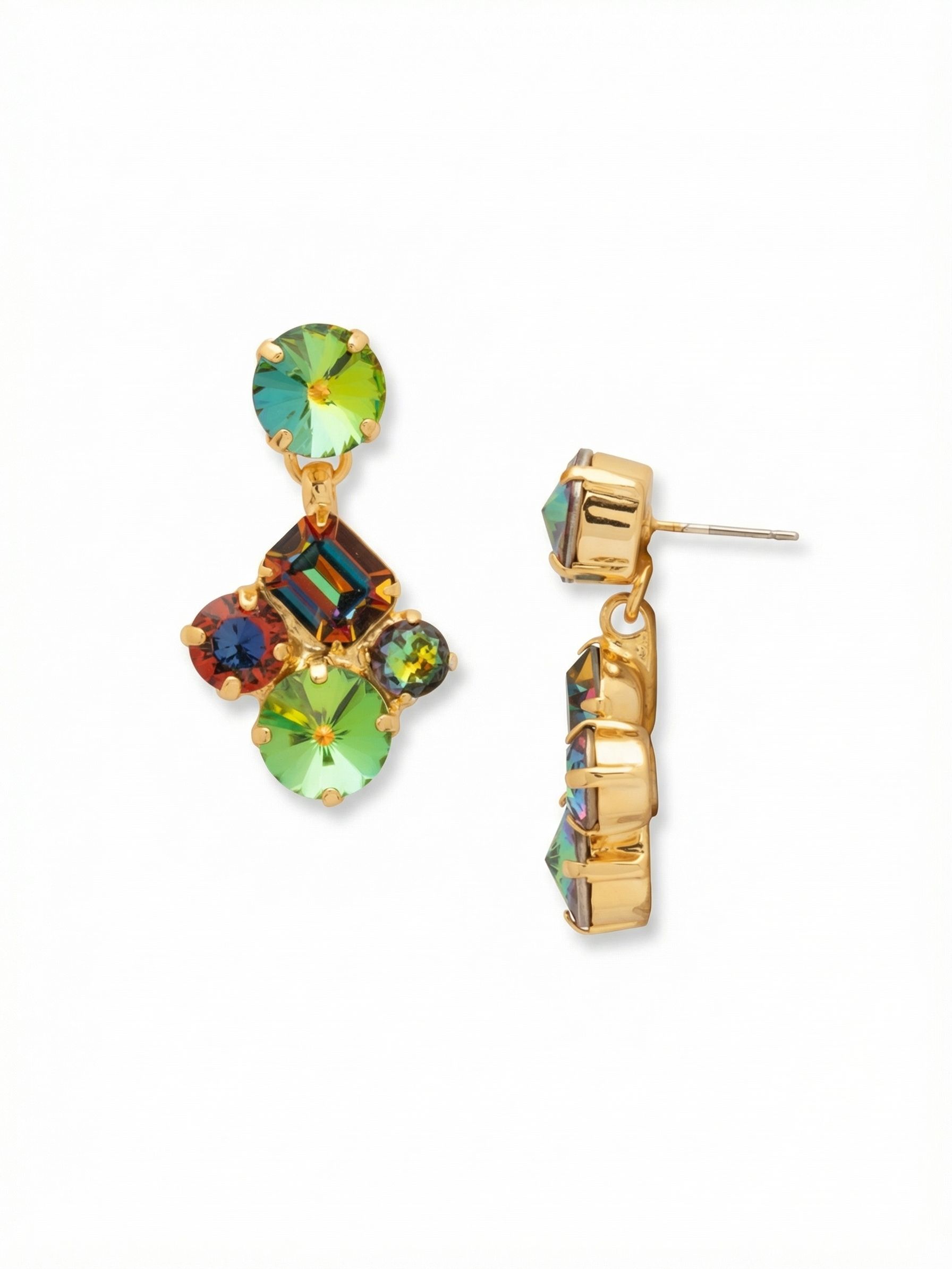Mosaic Dangle Earrings - EFZ222BGVO - <p>A large round crystal anchors this design, casting vibrant shifts of green and amber near the face. Below it, an articulated cluster hangs freely, centered by a diagonally set emerald-cut stone. Smaller round crystals surround the center, picking up complementary tones of deep blue and vivid chartreuse. The short drop gives these multifaceted stones gentle movement to catch the light naturally. An oversized comfort clutch back ensures the varied weights of the cluster remain perfectly balanced and securely placed all day.</p><ul>
<li>Articulated drop design allows the crystal cluster to move freely</li>
<li>Diagonal placement of the emerald-cut stone creates an unexpected geometric center</li>
<li>Post with oversized comfort-clutch back</li>
<li>Protective e-coat finish for lasting wear</li>
<li>Includes signature organza pouch for gifting and travel</li>
</ul>