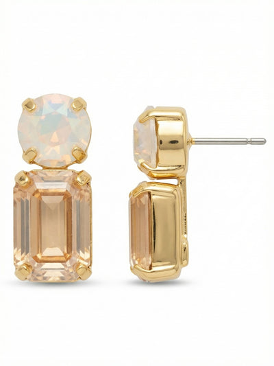 Zelie Dangle Earrings - EFZ2BGGGO - <p>A compact, two-tier drop that brings steady, golden warmth to your daily rotation. The round iridescent crystal rests securely at the post, catching light with a soft opalescence, while the warm golden shadow emerald cut articulates just below it. This linear design offers subtle, intentional movement without the weight of a longer dangle. We pair these with our oversized comfort clutches, ensuring the stacked silhouette stays balanced and upright throughout the day.</p><ul>
<li>Contrasting round and emerald crystal cuts create a clean linear drop</li>
<li>Articulating two-stone design offers gentle movement close to the face</li>
<li>Post with oversized comfort-clutch back</li>
<li>Protective e-coat finish for lasting wear</li>
<li>Includes signature organza pouch for gifting and travel</li>
</ul>