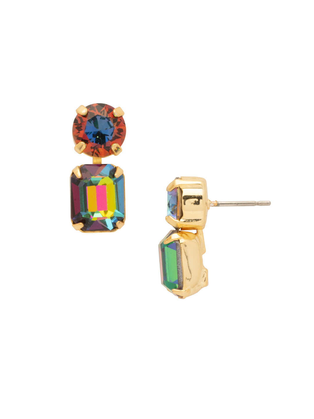 Zelie Dangle Earrings - EFZ2BGVO - <p>The Zelie Dangle Earrings feature a single emerald-cut crystal dangling from a round-cut crystal on a post. From Sorrelli's Volcano collection in our Bright Gold-tone finish.</p>