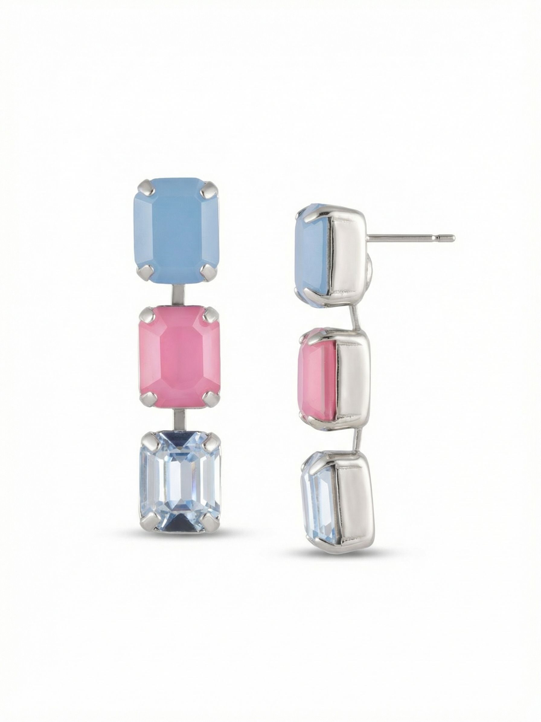 Octavia Triple Dangle Earrings - EFZ66PDPBZ - <p>Three emerald-cut stones stack in a clean vertical drop, shifting through layers of milky blue, vivid pink, and translucent sapphire. The articulated settings let each crystal catch the light independently as you move. At an inch and a half long, they bring structured geometry to your profile without feeling heavy. An oversized comfort back ensures the post sits flush and stays secure from morning meetings to evening plans.</p><ul>
<li>Three emerald-cut stones in an articulated linear drop</li>
<li>Contrasting opacities from milky pastels to clear crystal</li>
<li>Post with oversized comfort-clutch back</li>
<li>Protective e-coat finish for lasting wear</li>
<li>Includes signature organza pouch for gifting and travel</li>
</ul>