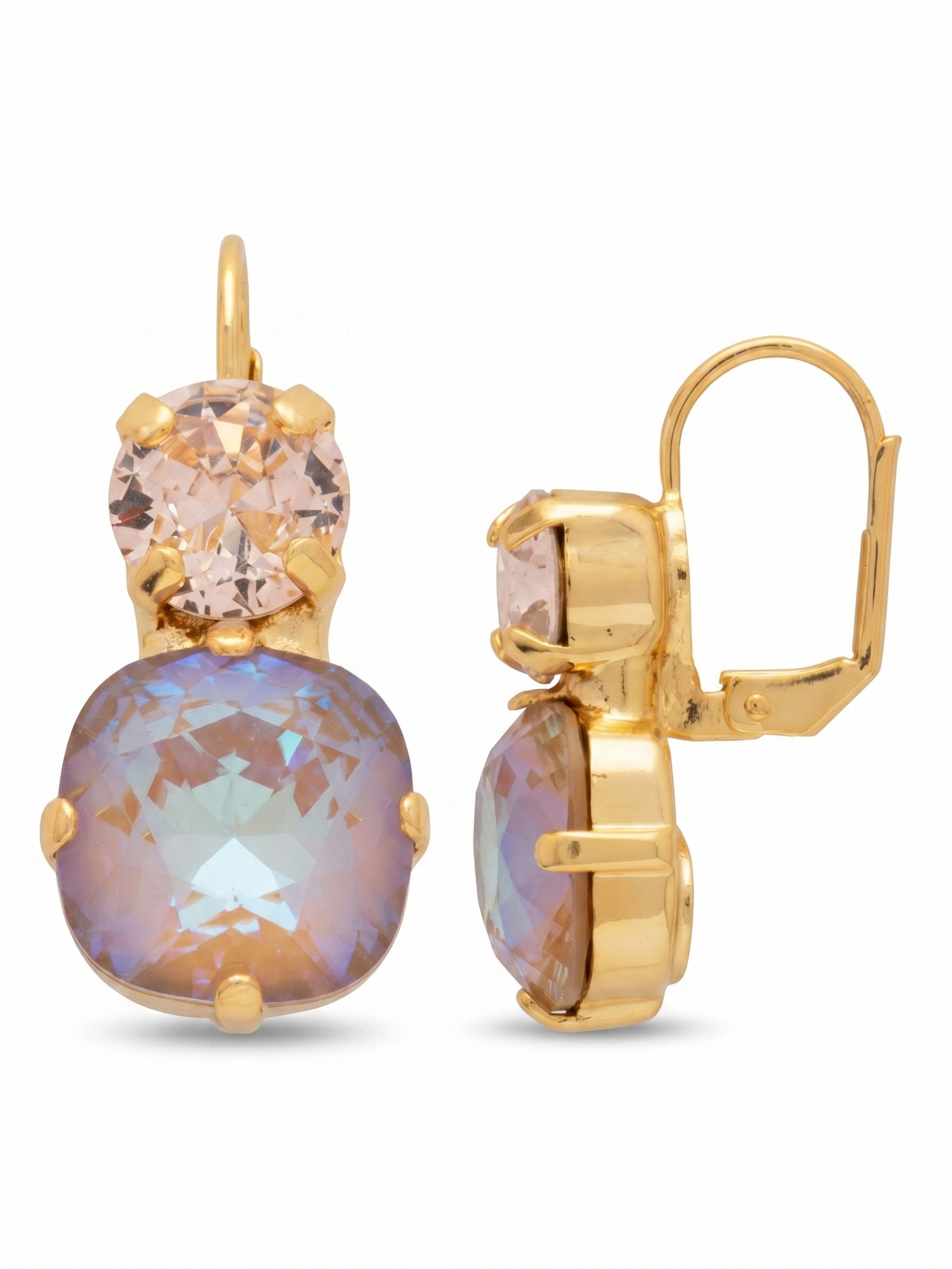 Cushion-Cut Round Dangle Earrings - EGB8BGCHA - <p>A balanced study in shape and color. A single round-cut crystal in warm rose rests above a larger, iridescent cushion-cut stone. The subtle hinge between the two settings allows the bottom crystal to catch light gently as you move. Anchored by a secure lever closure that keeps the piece comfortably in place all day. At three-quarters of an inch long, it offers a distinct point of light with a scale that transitions seamlessly through your daily routine.</p><ul>
<li>Contrasting round and cushion-cut crystals in a compact profile</li>
<li>Articulated setting creates natural movement to reflect light</li>
<li>French wire for a smooth, secure fit</li>
<li>Protective e-coat finish for lasting wear</li>
<li>Includes signature organza pouch for gifting and travel</li>
</ul>