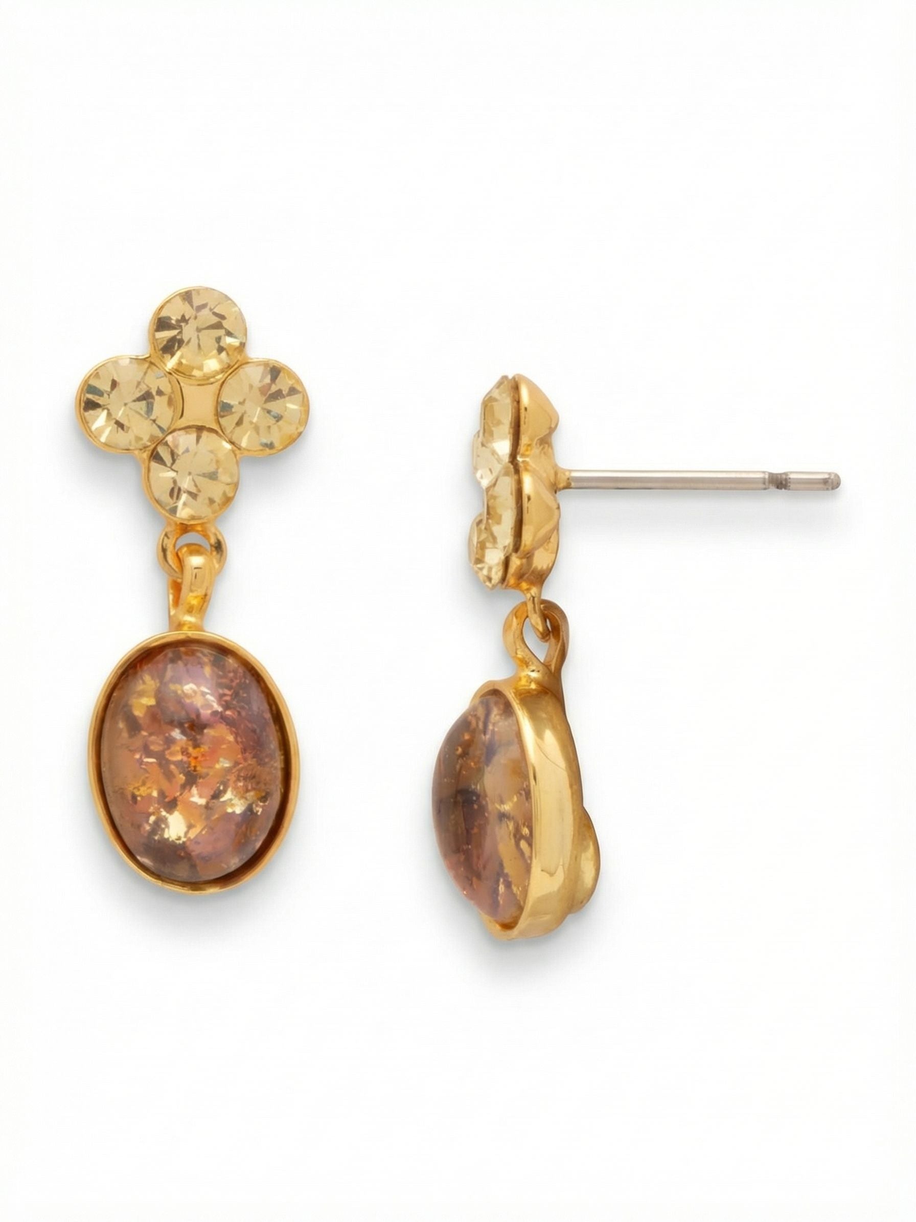 Bethany Dangle Earrings - EGE10BGMOR - <p>A tight clover of warm jonquil crystals anchors this piece flush against the ear, catching the light up close. Suspended just below, an oval topaz opal swings freely, adding a flicker of fiery amber tones with every turn of your head. The delicate one-inch drop stays perfectly balanced all day, supported entirely by an oversized comfort clutch.</p><ul>
<li>Four-point jonquil crystal cluster creates a structured anchor point</li>
<li>Free-swinging oval topaz opal offers continuous warm movement</li>
<li>Post with oversized comfort-clutch back</li>
<li>Protective e-coat finish for lasting wear</li>
<li>Includes signature organza pouch for gifting and travel</li>
</ul>