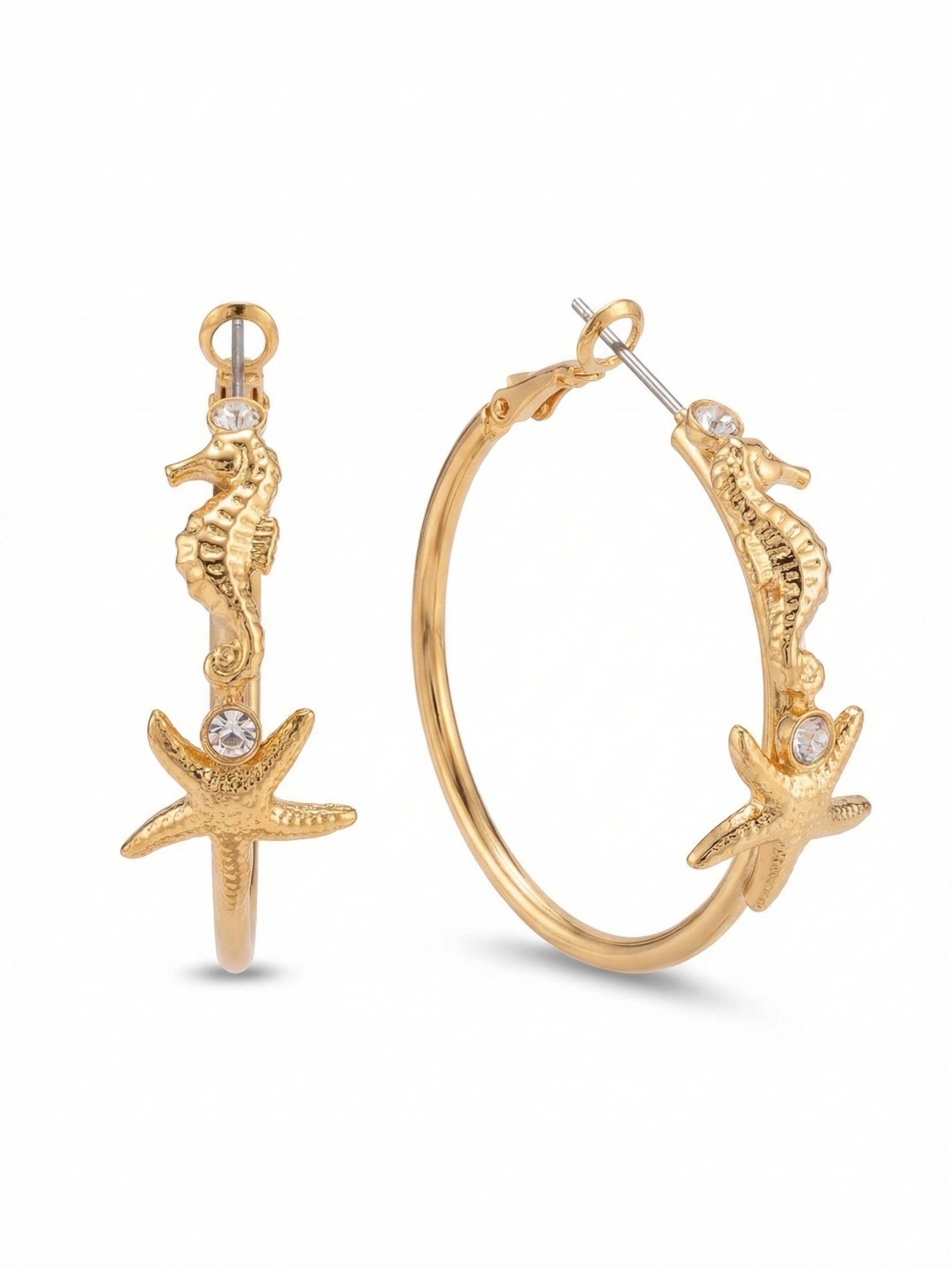 Rehoboth Hoop Earrings - EGE15BGCRY - <p>A sculptural update to a classic silhouette. These two-inch hoops maintain a slender profile while integrating detailed starfish and seahorse motifs along the front curve. Tiny clear crystals add subtle points of light among the textured metal, catching the sun as the earrings sway with natural motion. The lightweight design provides an effortless presence, offering a quiet coastal mood that feels perfectly suited for warm weather days and lingering evenings.</p><ul>
<li>Sculptural marine motifs built directly into the front curve</li>
<li>Delicate clear crystals interspersed among textured details</li>
<li>Hinged hoop with click-shut closure</li>
<li>Protective e-coat finish for lasting wear</li>
<li>Includes signature organza pouch for gifting and travel</li>
</ul>